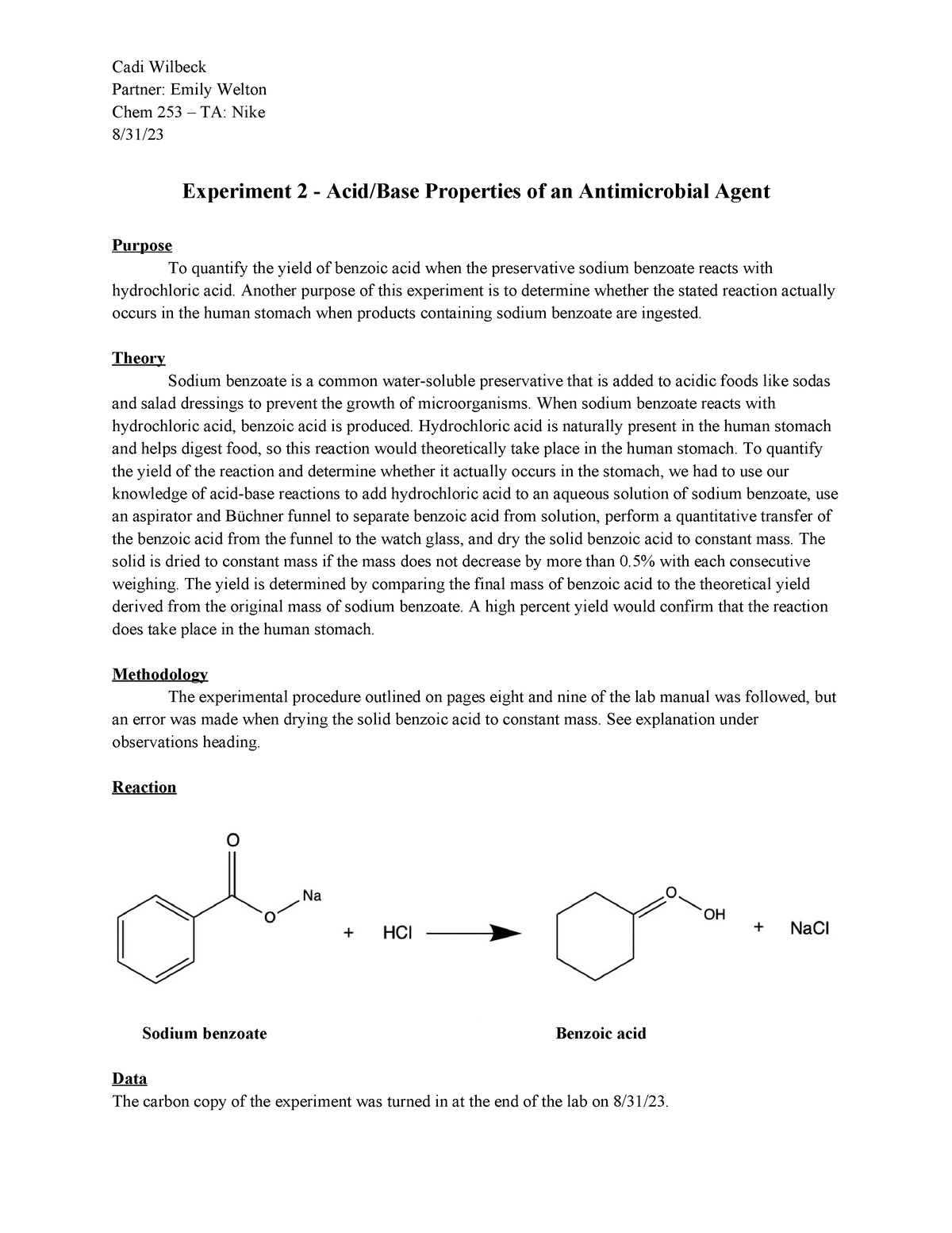 Exp. 2 Lab Report - Acid/Base Properties of an Antimicrobial Agent ...