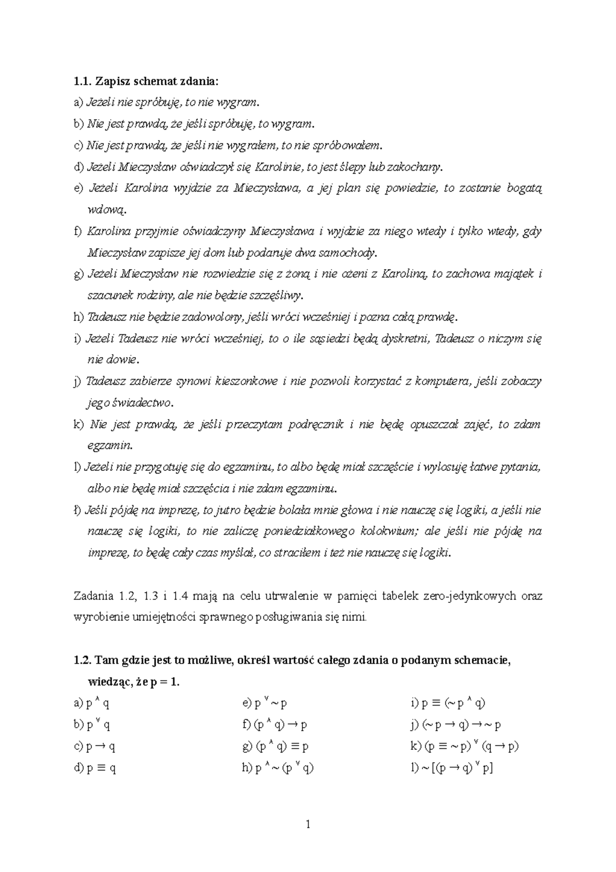 Wieczorek K.A. - Zadania Z Logiki - Zapisz Schemat Zdania: A) Jeżeli ...