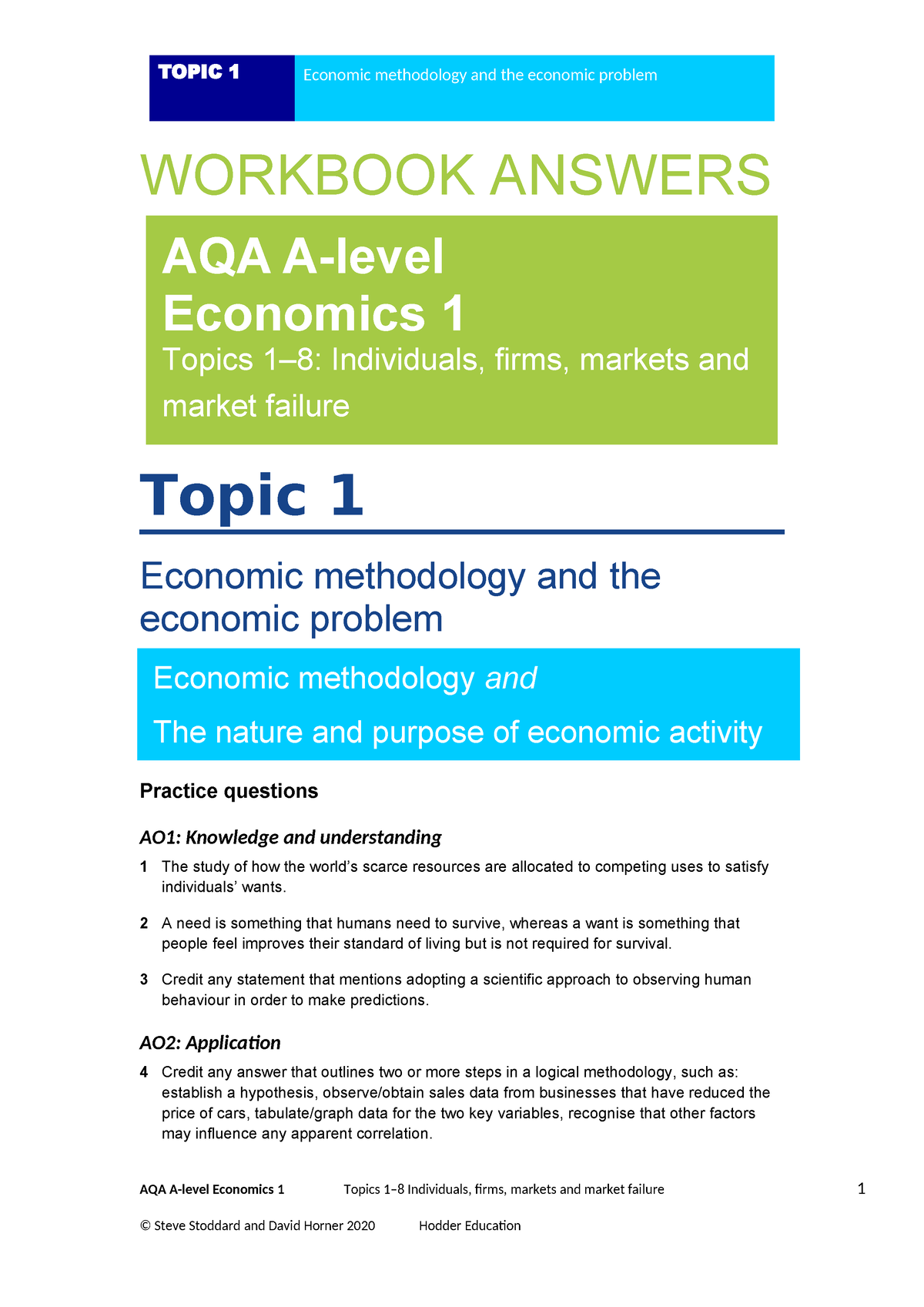 AQA Economics WB1 Answers 2020 - TOPIC 1 Economic Methodology And The ...