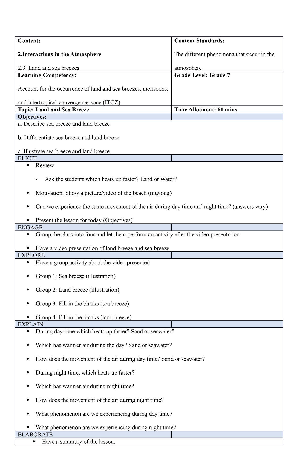 Lesson Plan Sea Breeze And Land Breeze G7 Content 2 In The Atmosphere 2 Land And Sea 