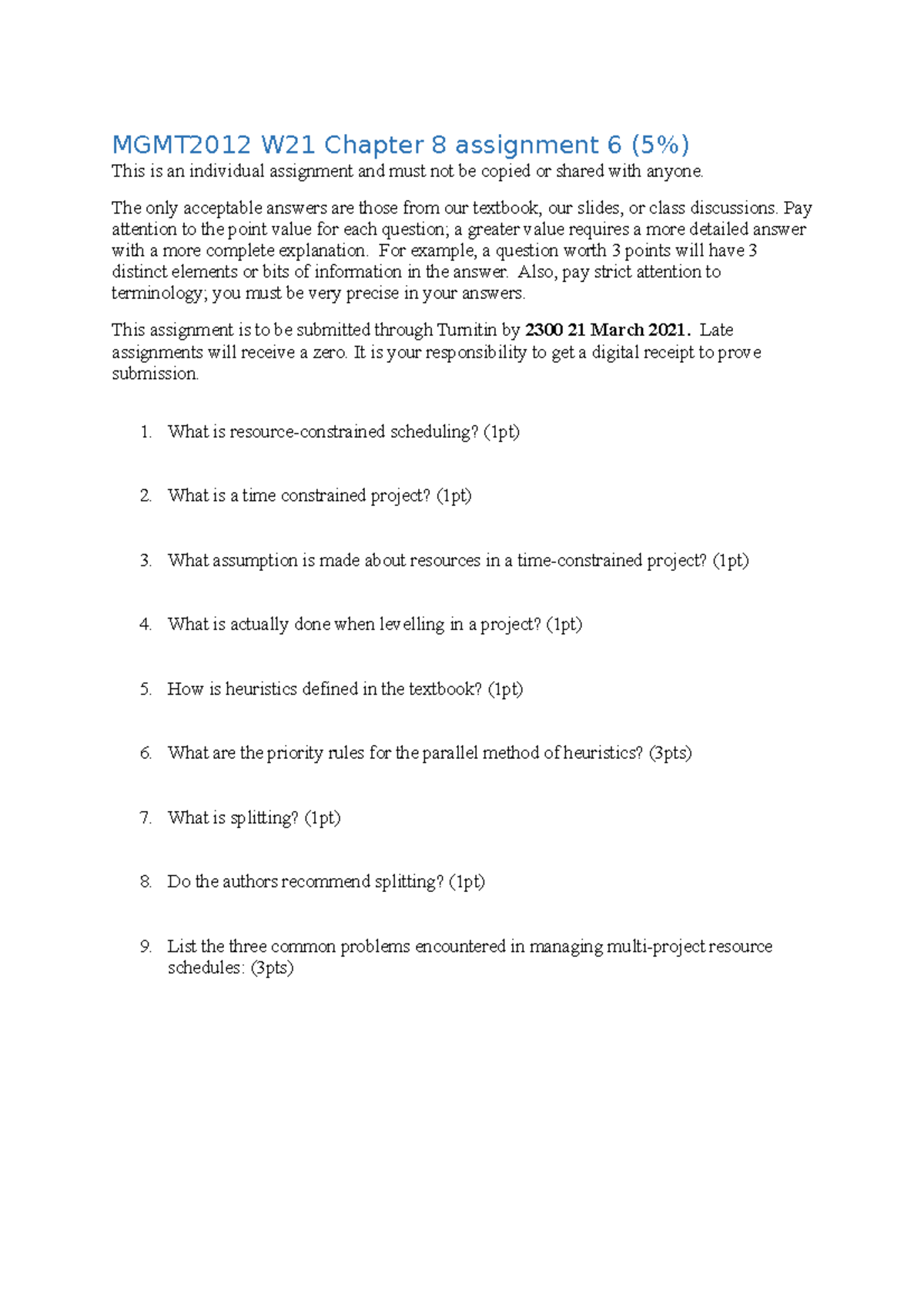 Assignment 6 week 8 chapter 8 - MGMT2012 W21 Chapter 8 assignment 6 (5% ...
