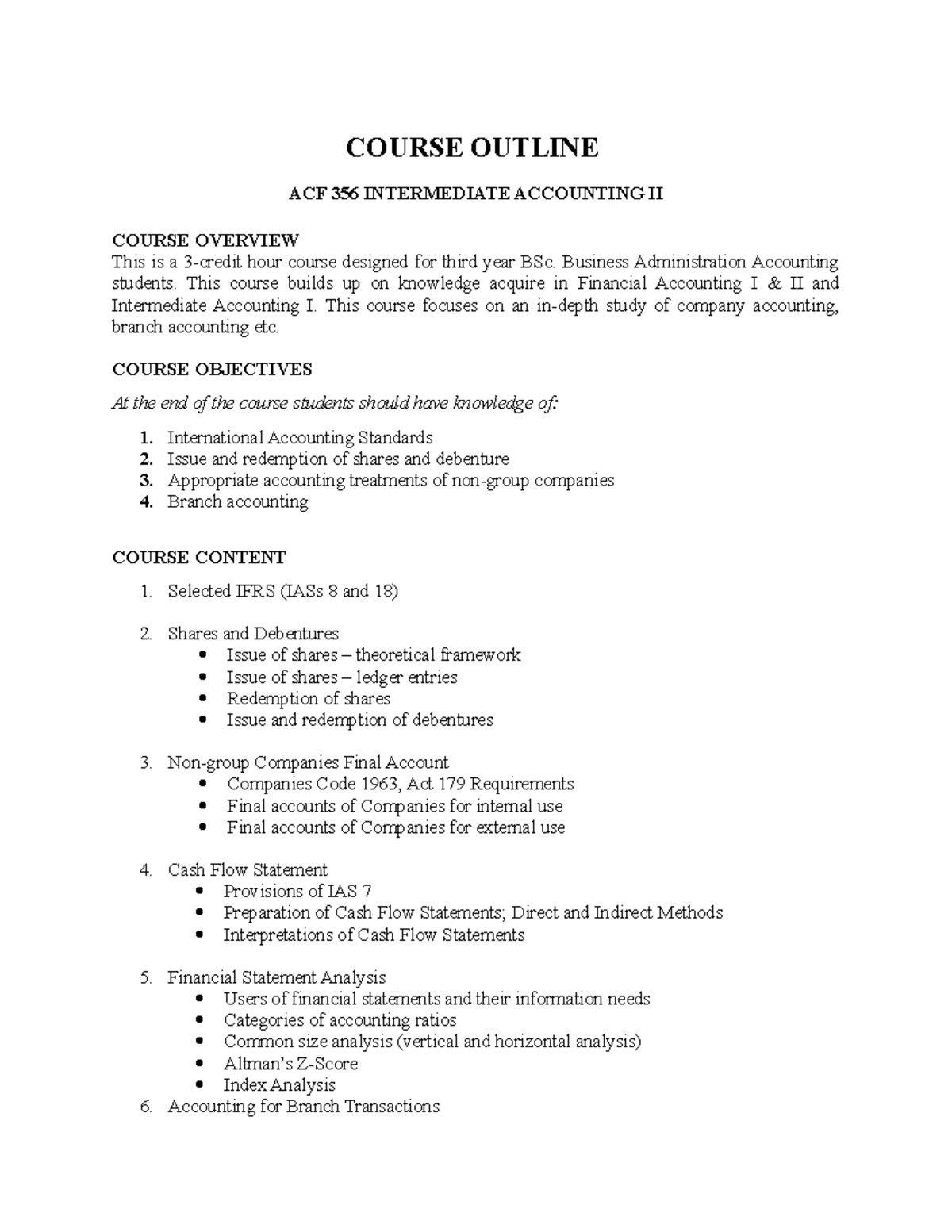 Course Outline Intermediate II Idl - COURSE OUTLINE ACF 356 ...