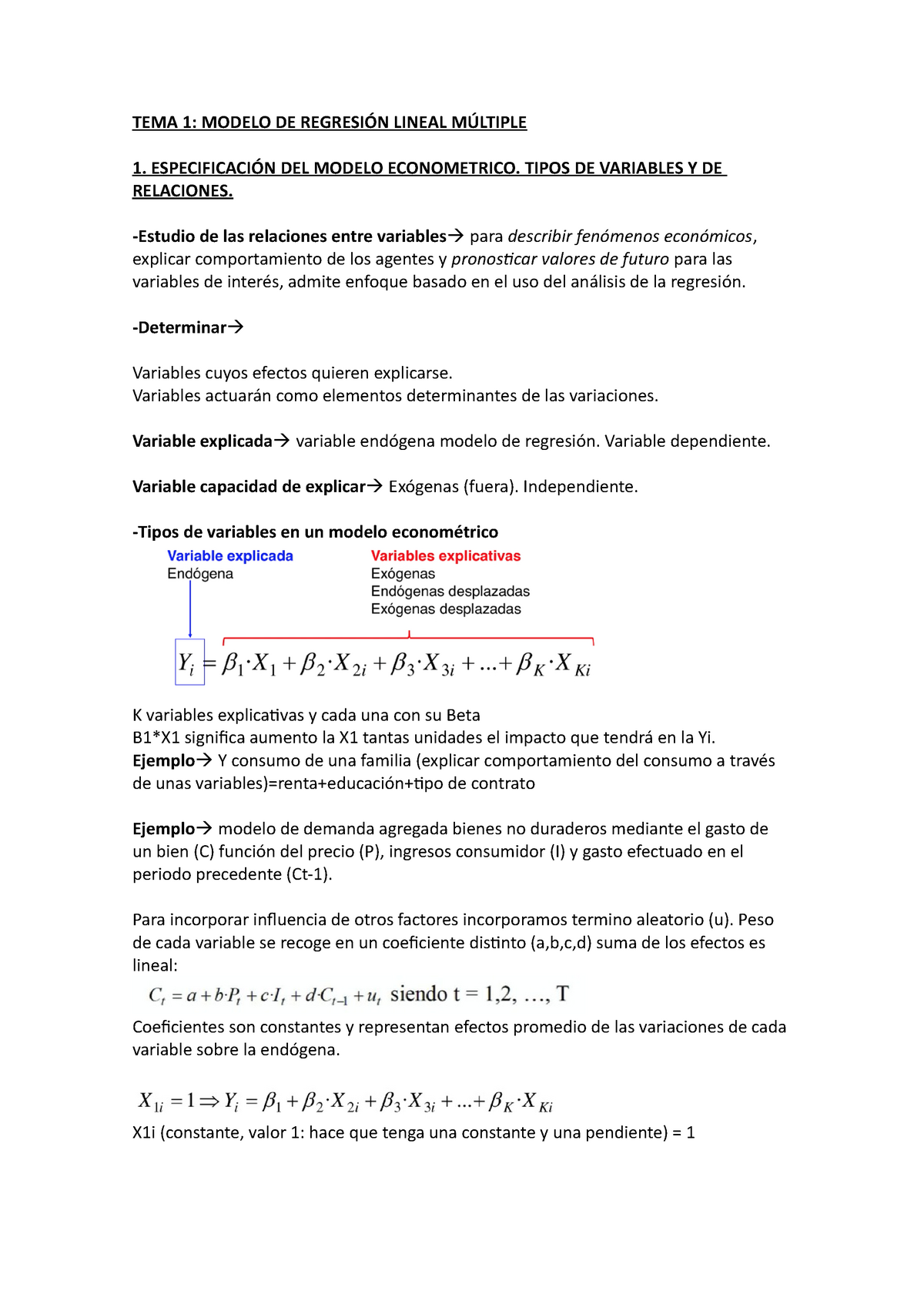 Econometria Teoria - Apunts 1,2,3 - TEMA 1: MODELO DE REGRESIÓN LINEAL  MÚLTIPLE 1. ESPECIFICACIÓN - Studocu