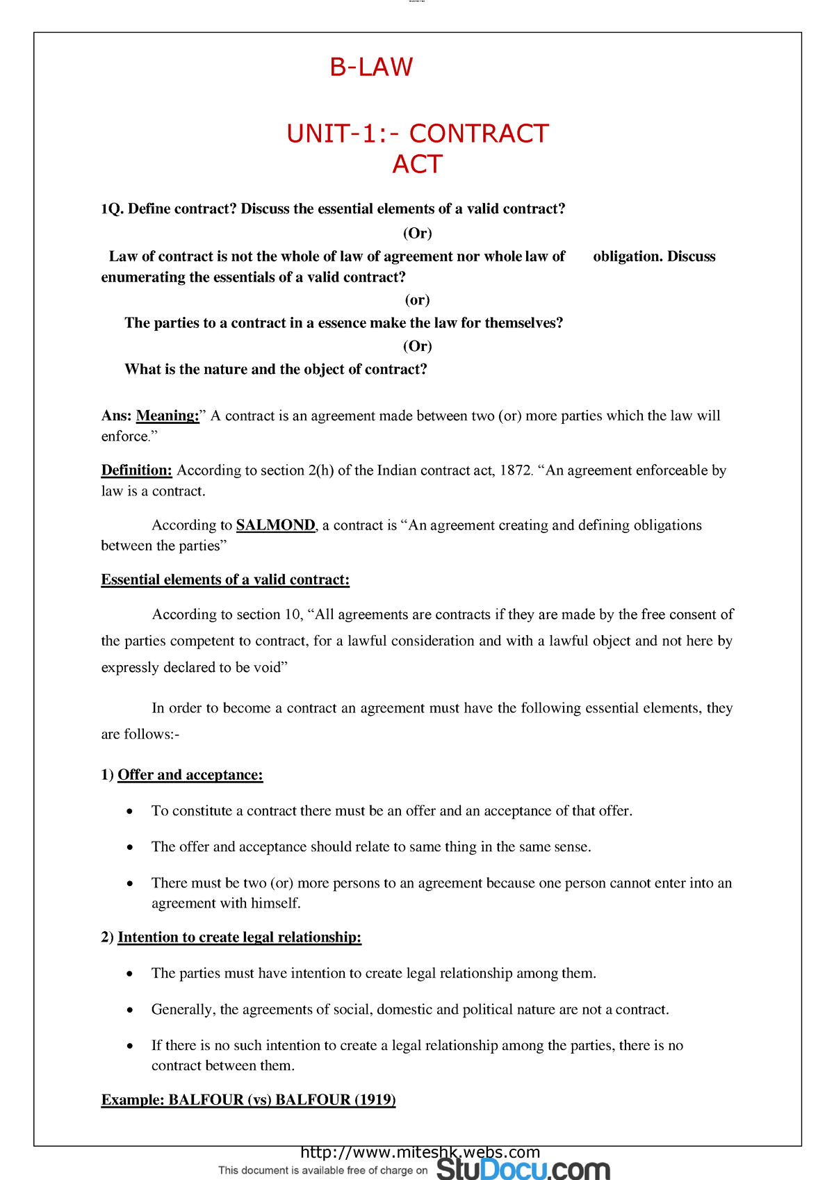 04 B-law-contract-act - B-LAW NOTES UNIT-1:- CONTRACT ACT 1 Q. Define ...