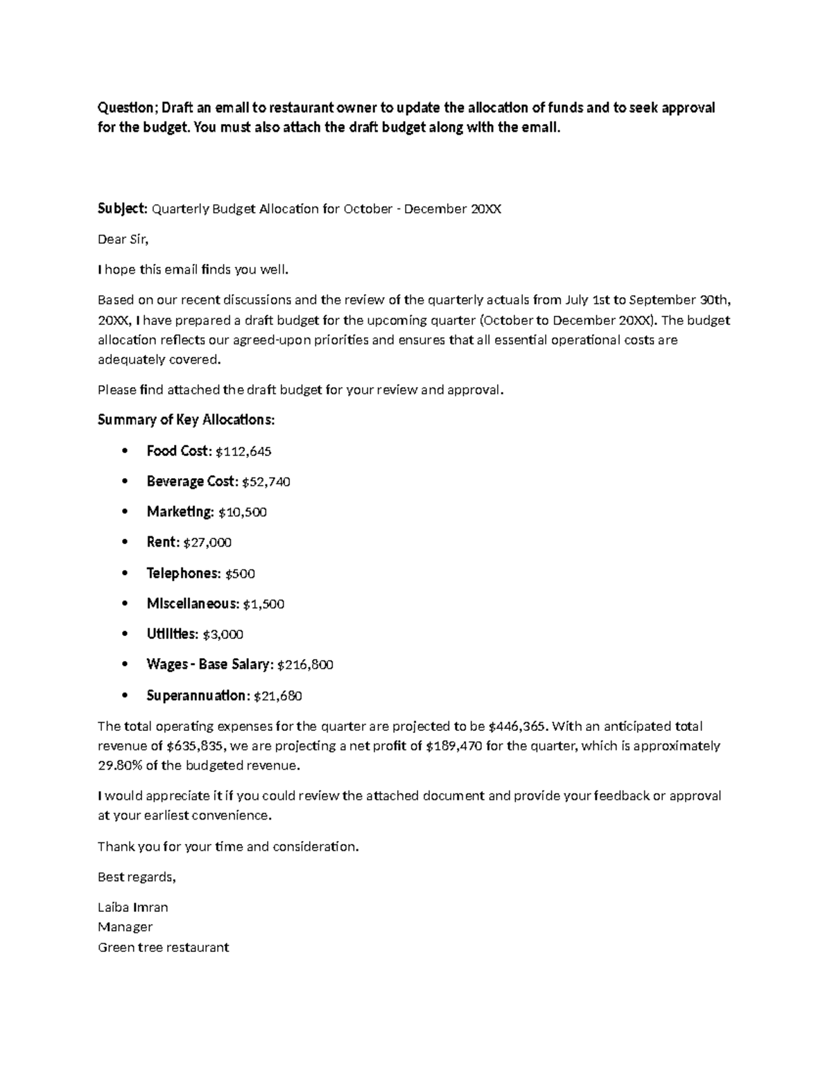 Drat email fund - assignments - Question; Draft an email to restaurant ...