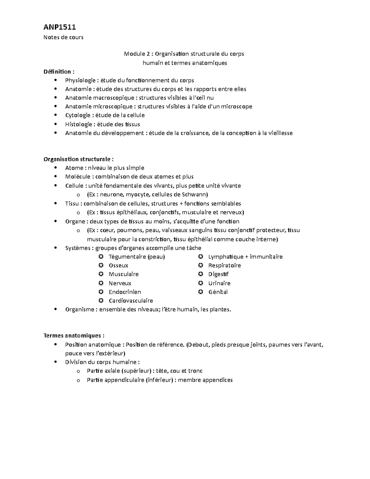 ANP1505 - Notes Module 2 Et 3 - Notes De Cours Module 2 : Organisation ...