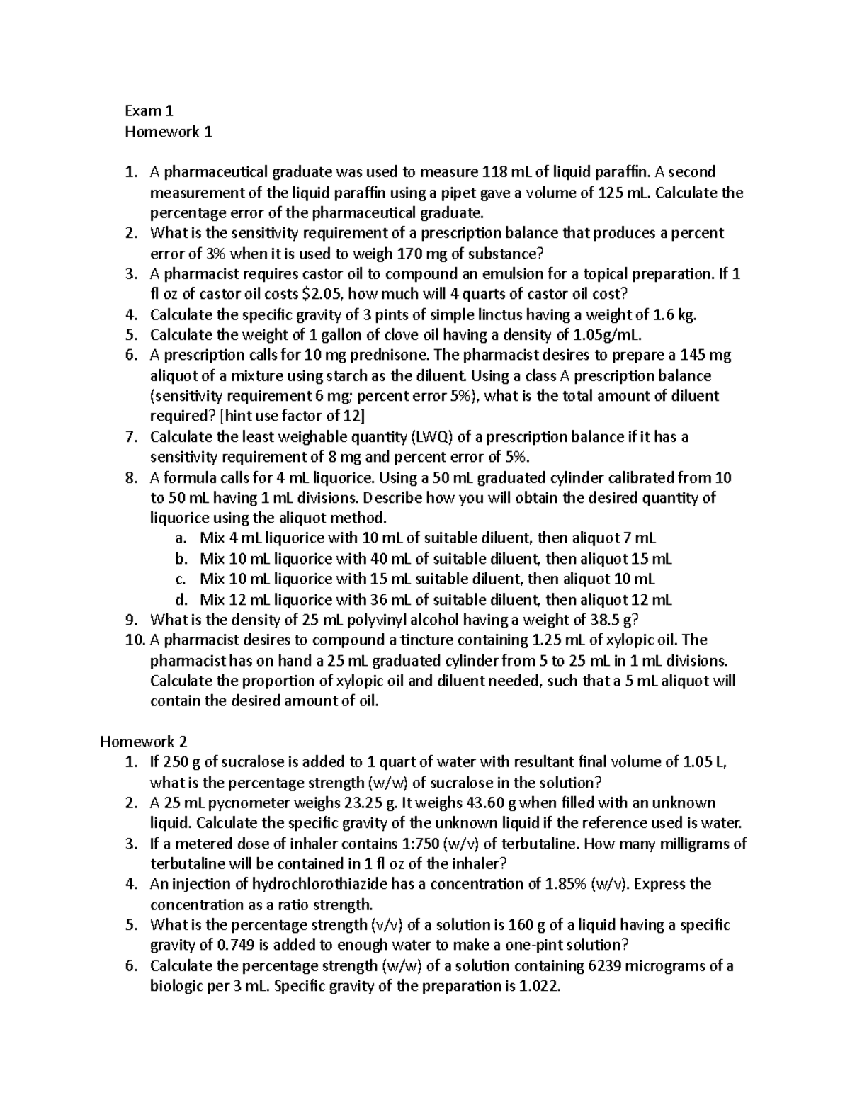 Pharmaceutics 2 Exam 1 Homeworks - Exam 1 Homework 1 A pharmaceutical ...