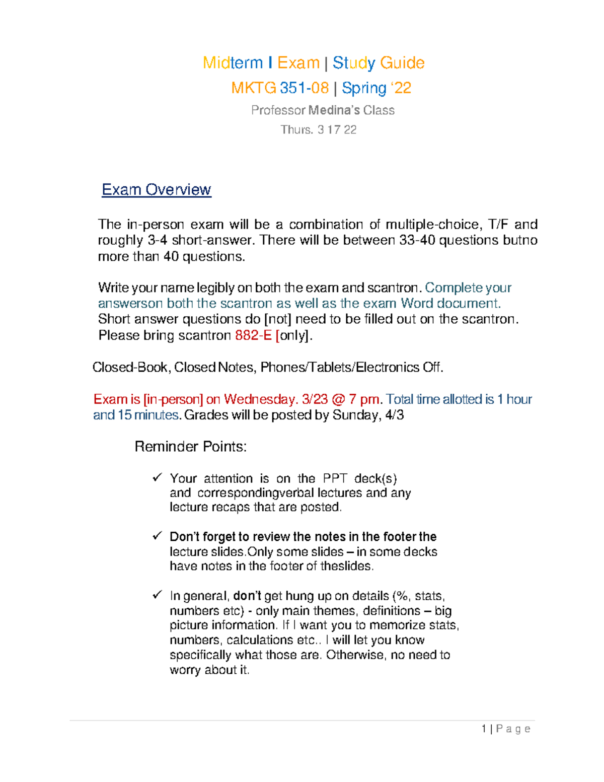 MKTG 351 Midterm I Study Guide Spring 2022 - Midterm I Exam | Study ...