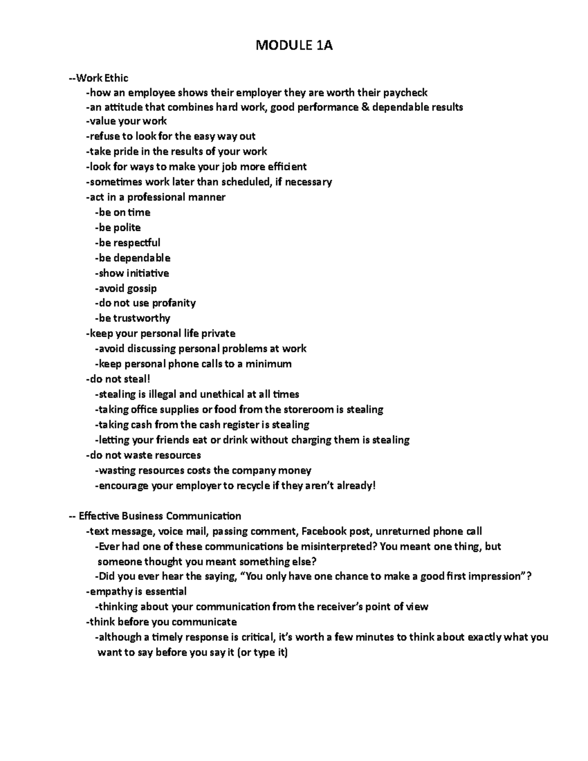 Module 1 Notes - coding and working ethic. - MODULE 1A -Work Ethic -how ...
