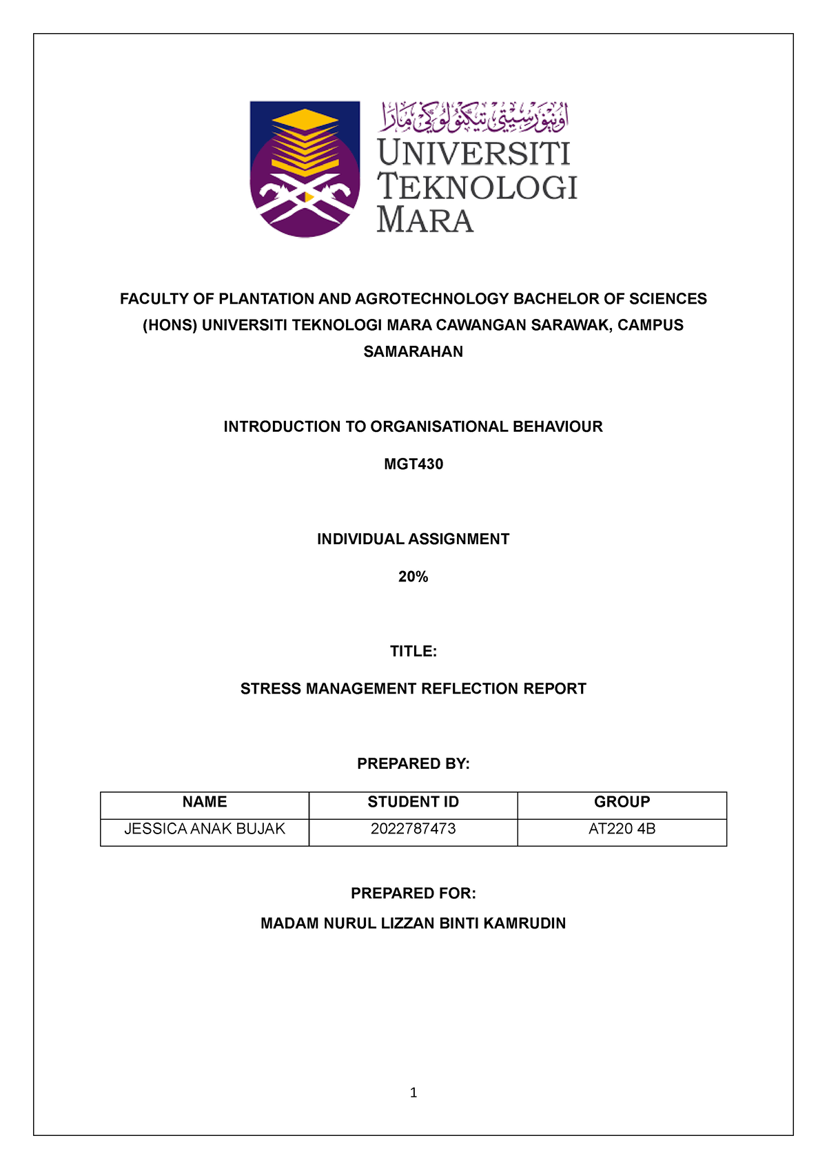 MGT430 INDIVIDUAL ASSIGNMENT (AT220) - FACULTY OF PLANTATION AND ...