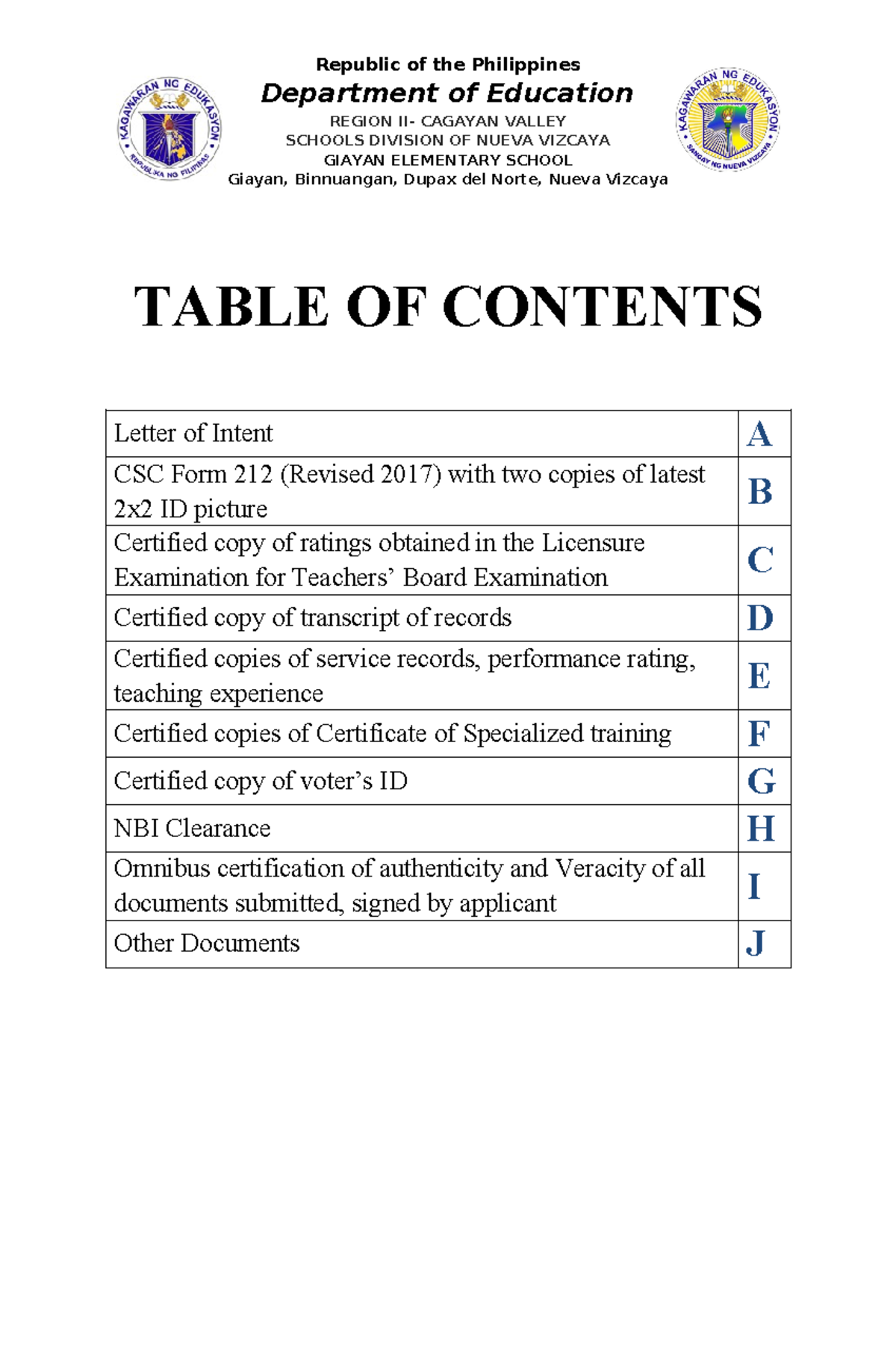 Table OF Contents - Copy - Republic of the Philippines Department of ...