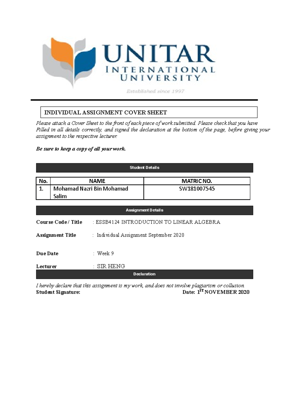 Intro to linear algebra ind assignment please attach a cover sheet to
