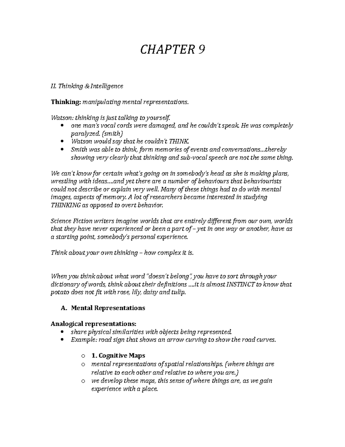 Psych chapter 9summary - CHAPTER 9 II. Thinking Intelligence Thinking ...