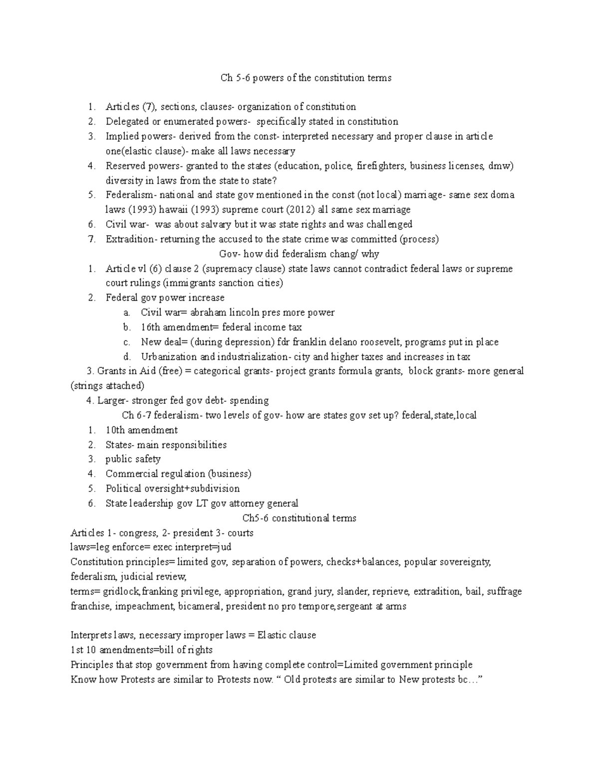 American Gov - Notes from lecture. - Ch 5-6 powers of the constitution ...