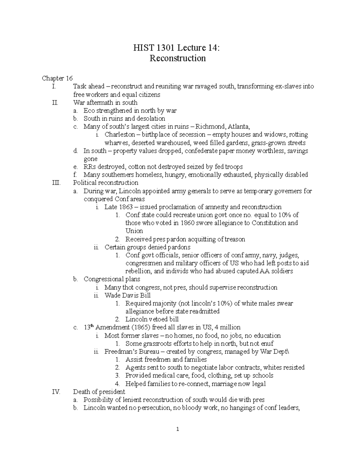 HIST 1301 Lecture 14 Reconstruction - HIST 1301 Lecture 14 ...