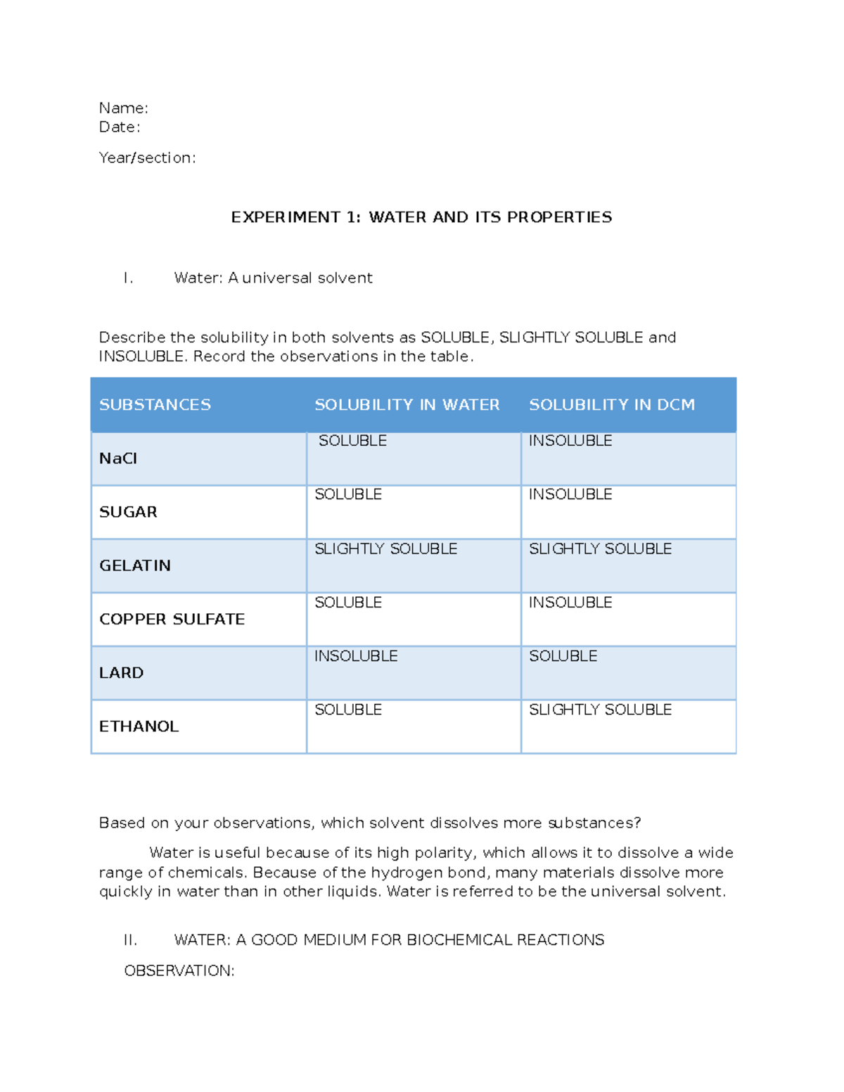 Biochem Laboratory Experiment Report Name Date Year/section EXPERIMENT 1 WATER AND ITS