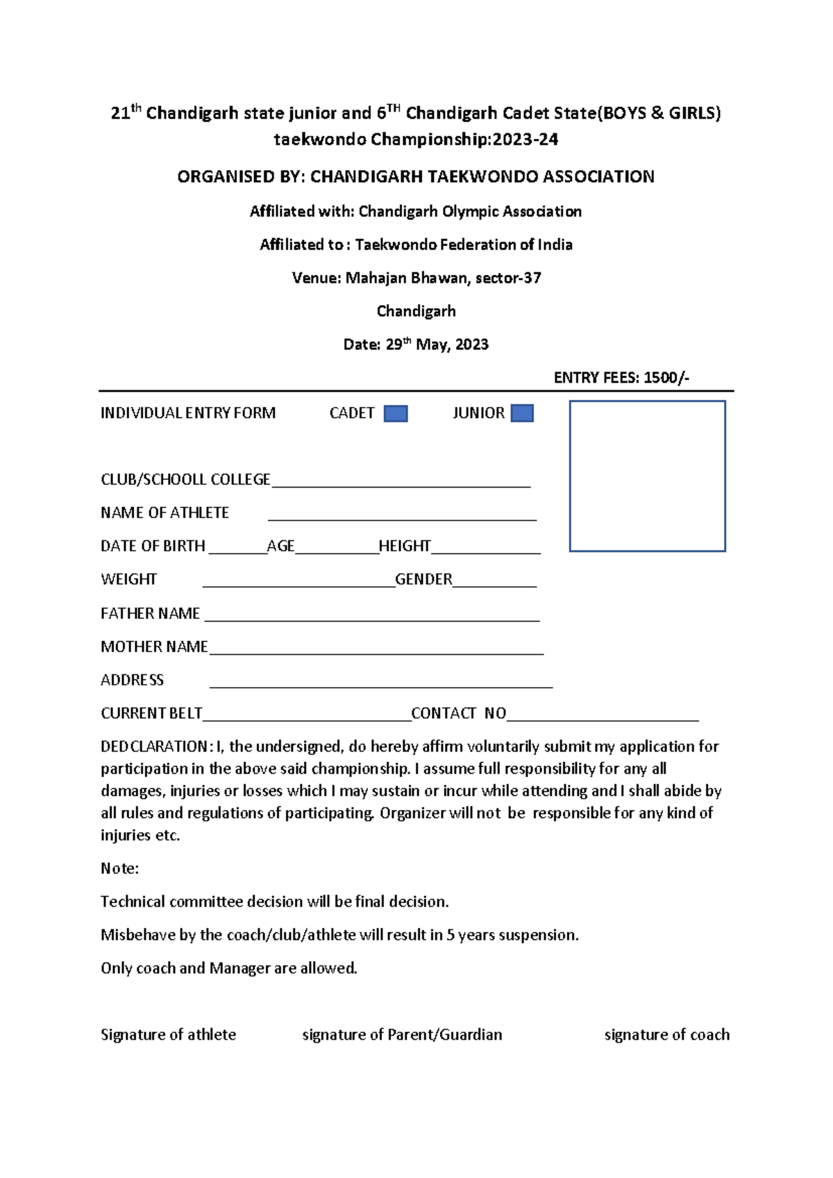 State individual entry form 2023-24 - 21 th Chandigarh state junior and ...