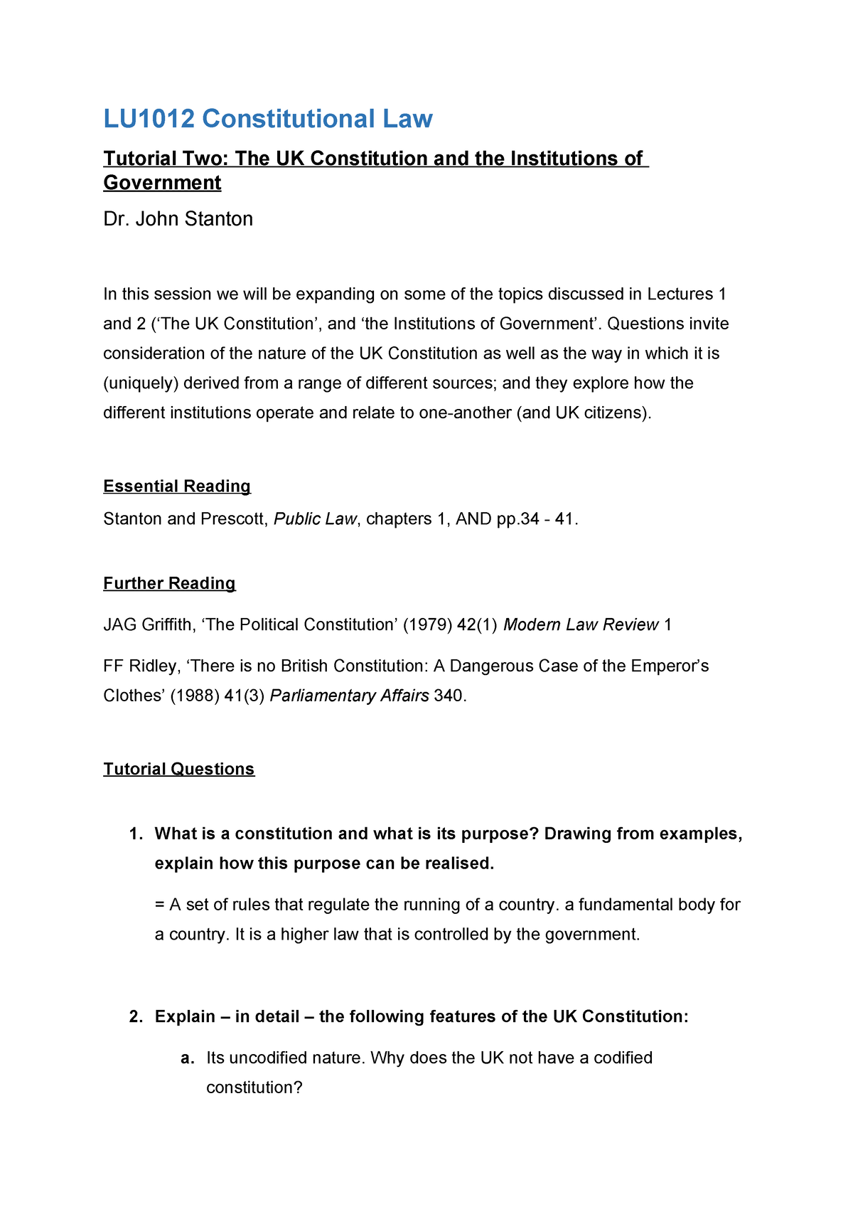 Tutorial 2 - LU1012 Constitutional Law Tutorial Two: The UK ...