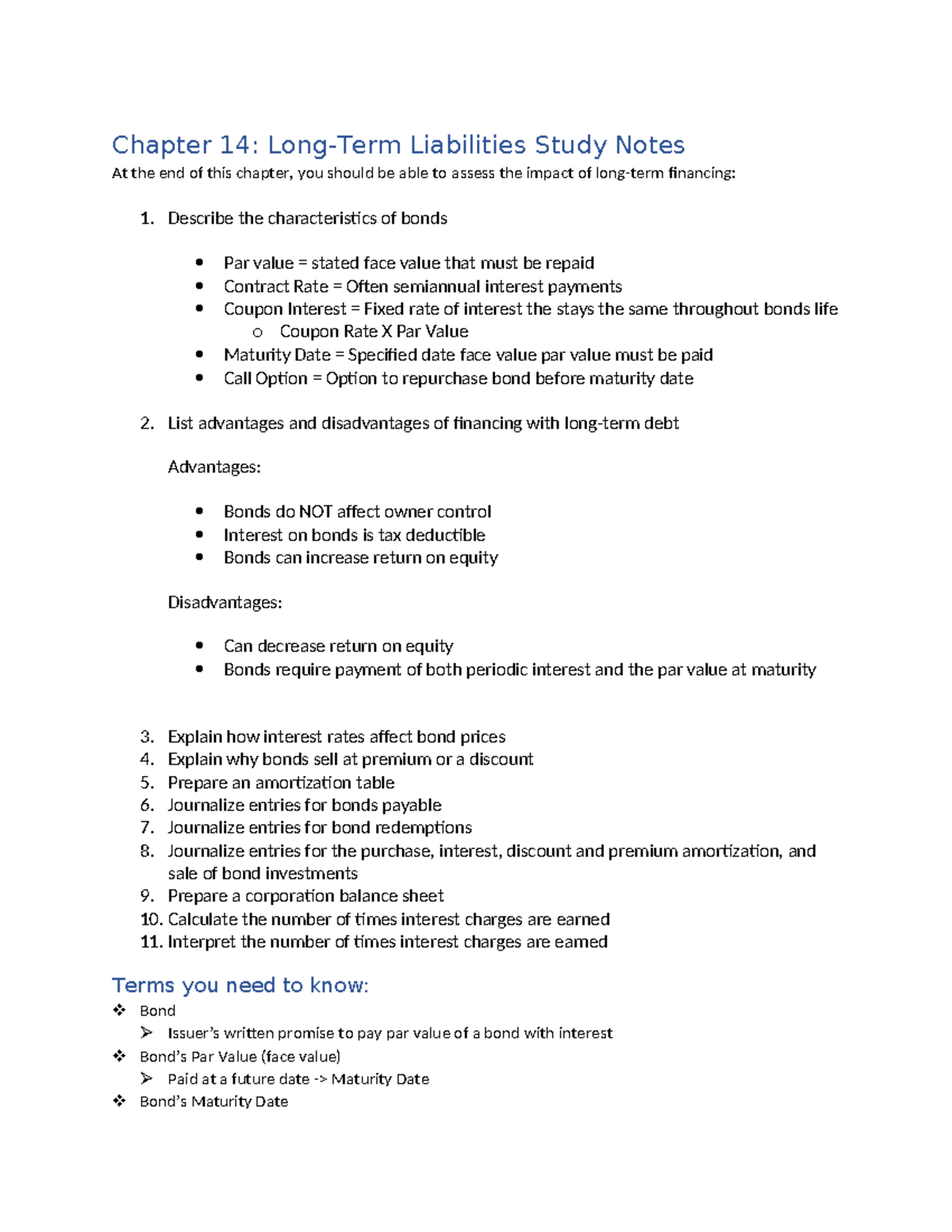 Ch 14 Study Notes - Chapter 14: Long-Term Liabilities Study Notes At ...