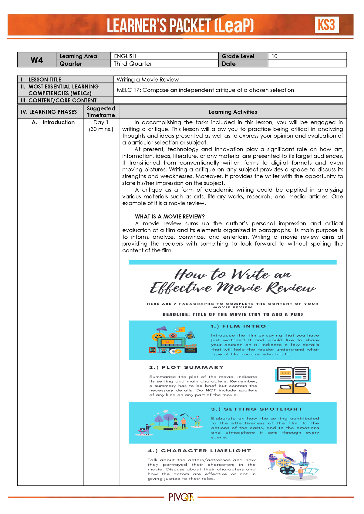 English 10 Q3 Week 4 Dll W Learning Area English Grade Level 10 Quarter Third Quarter Date I 2977