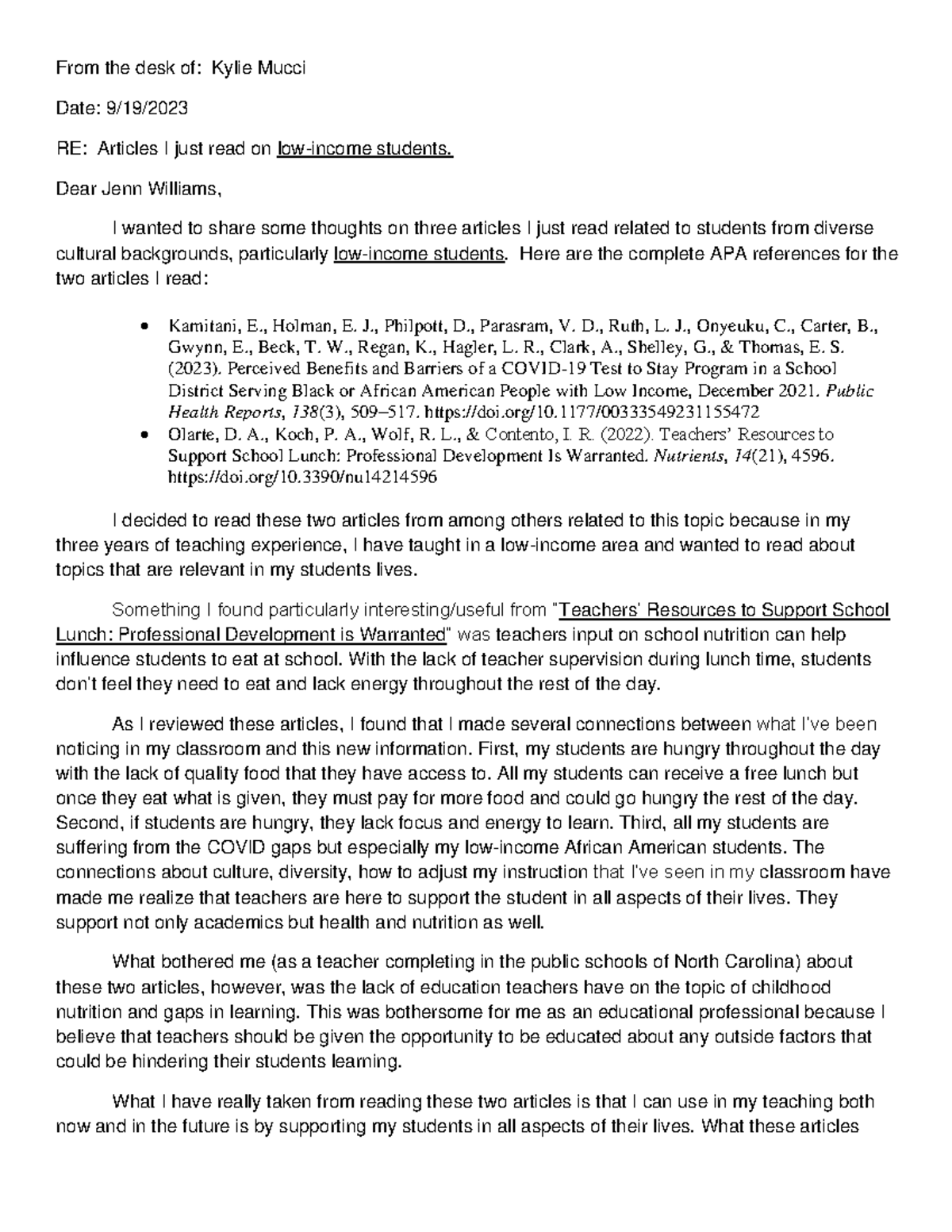 Dear Instructor Letter - From the desk of: Kylie Mucci Date: 9/19/ RE ...