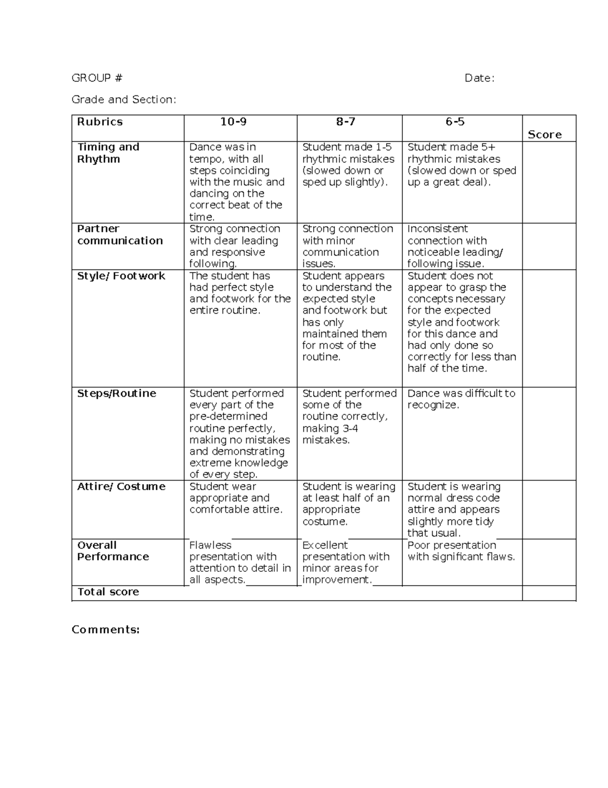 Rubrics for cha cha PT - GROUP # Date: Grade and Section: Rubrics 10-9 ...