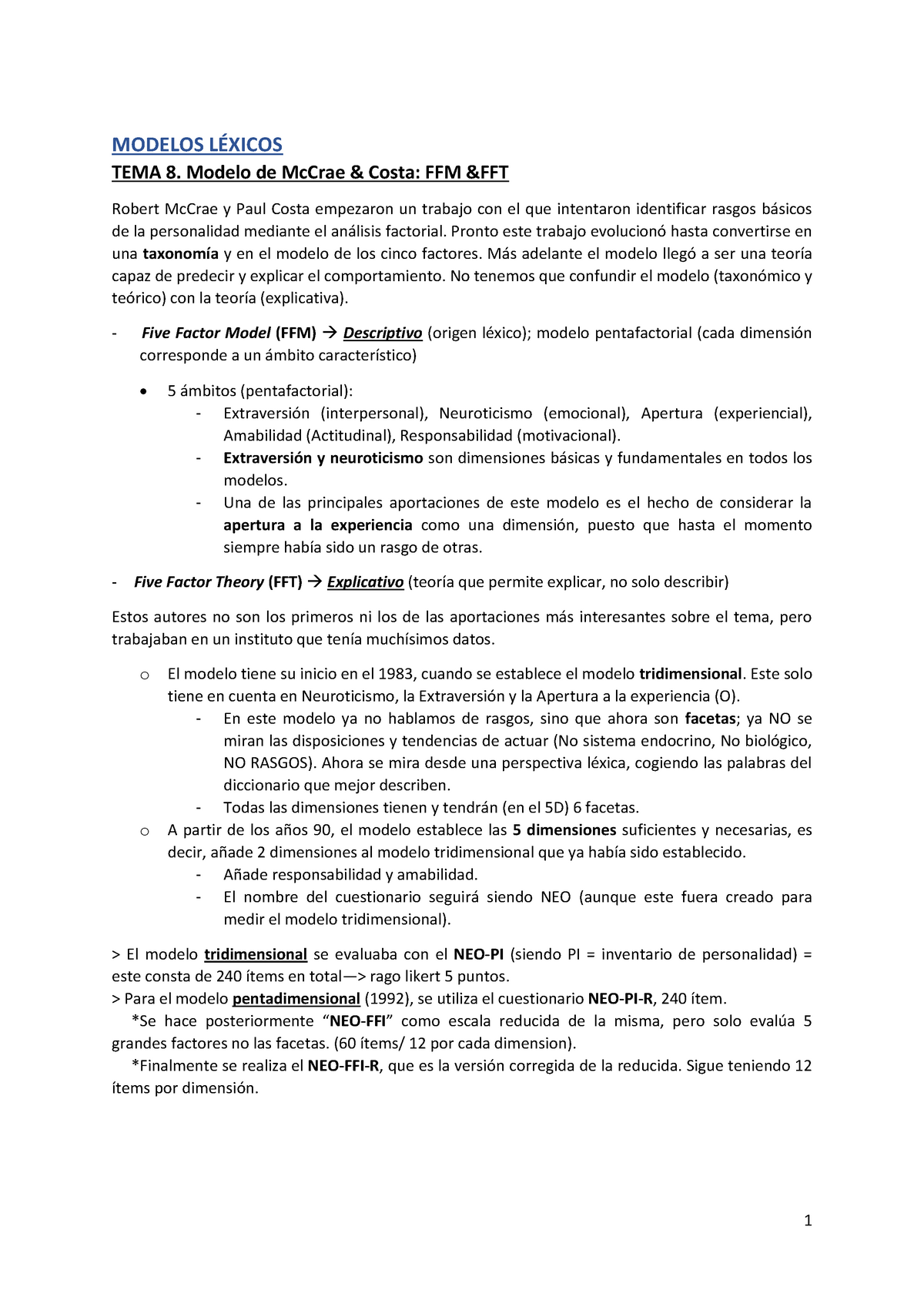 Tema 5. Modelo de los big five - Warning: TT: undefined function: 32  Warning: TT: undefined - Studocu