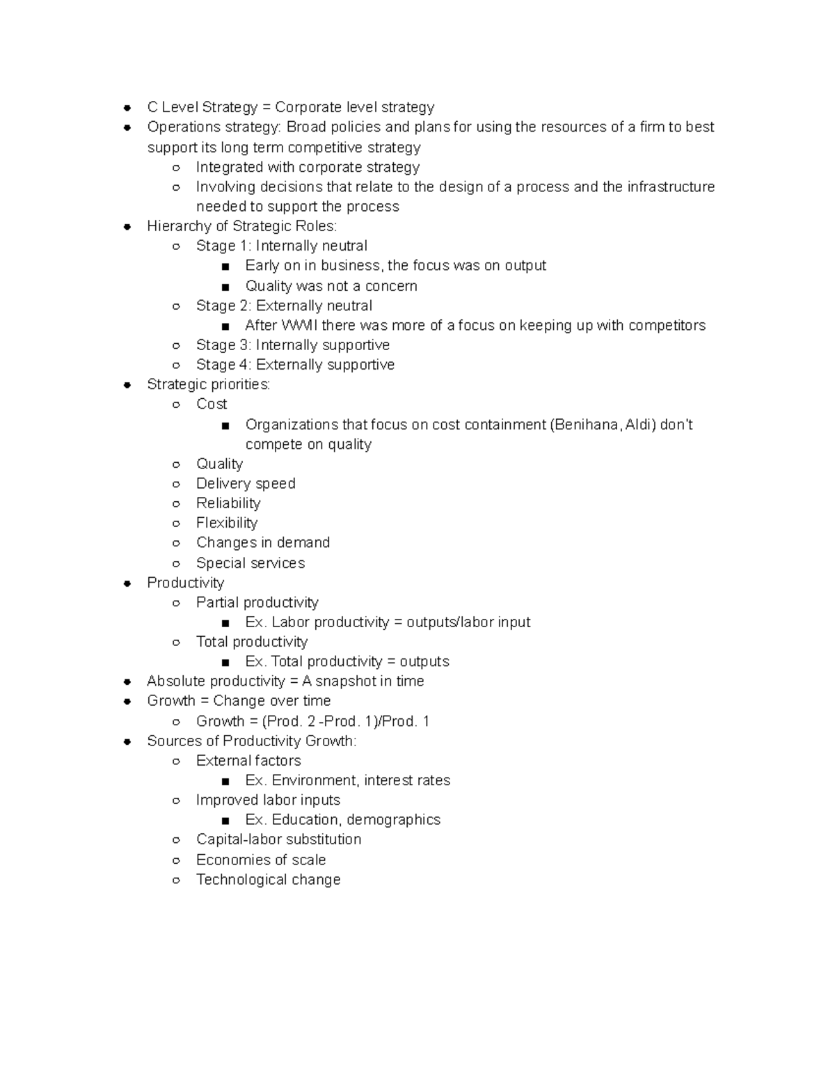 Ops Strategy and Productivity - C Level Strategy = Corporate level ...