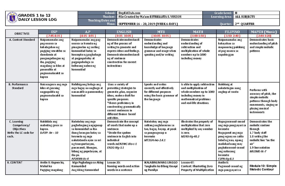 DLL ALL- Subjects-2 Q2 W6 D1 - GRADES 1 to 12 DAILY LESSON LOG School ...