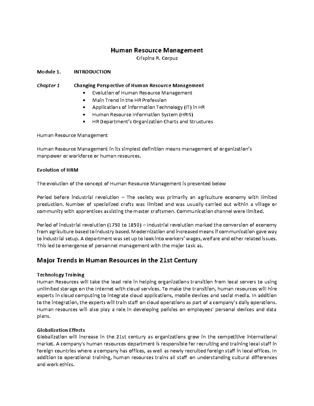 HRM-Chapter 1 module - Study well and these are the lectures you will ...