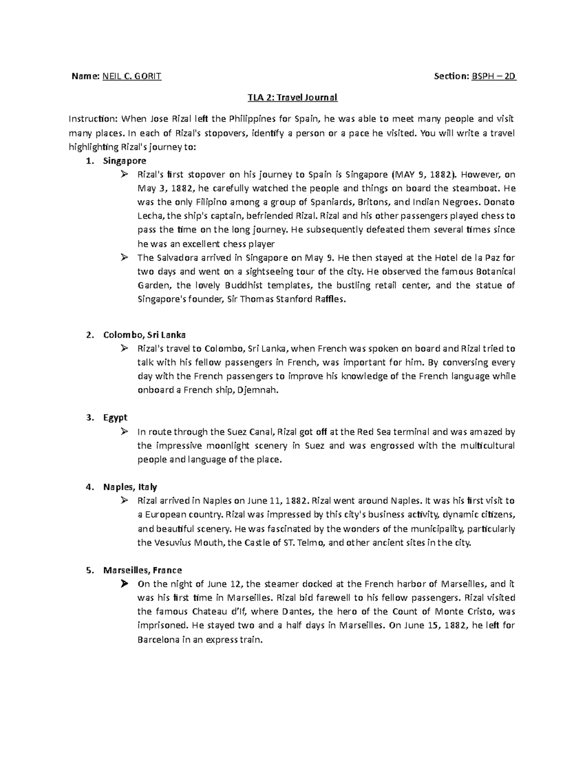 TLA 2_Rizal Travel Journal - Name: NEIL C. GORIT Section: BSPH – 2D TLA ...