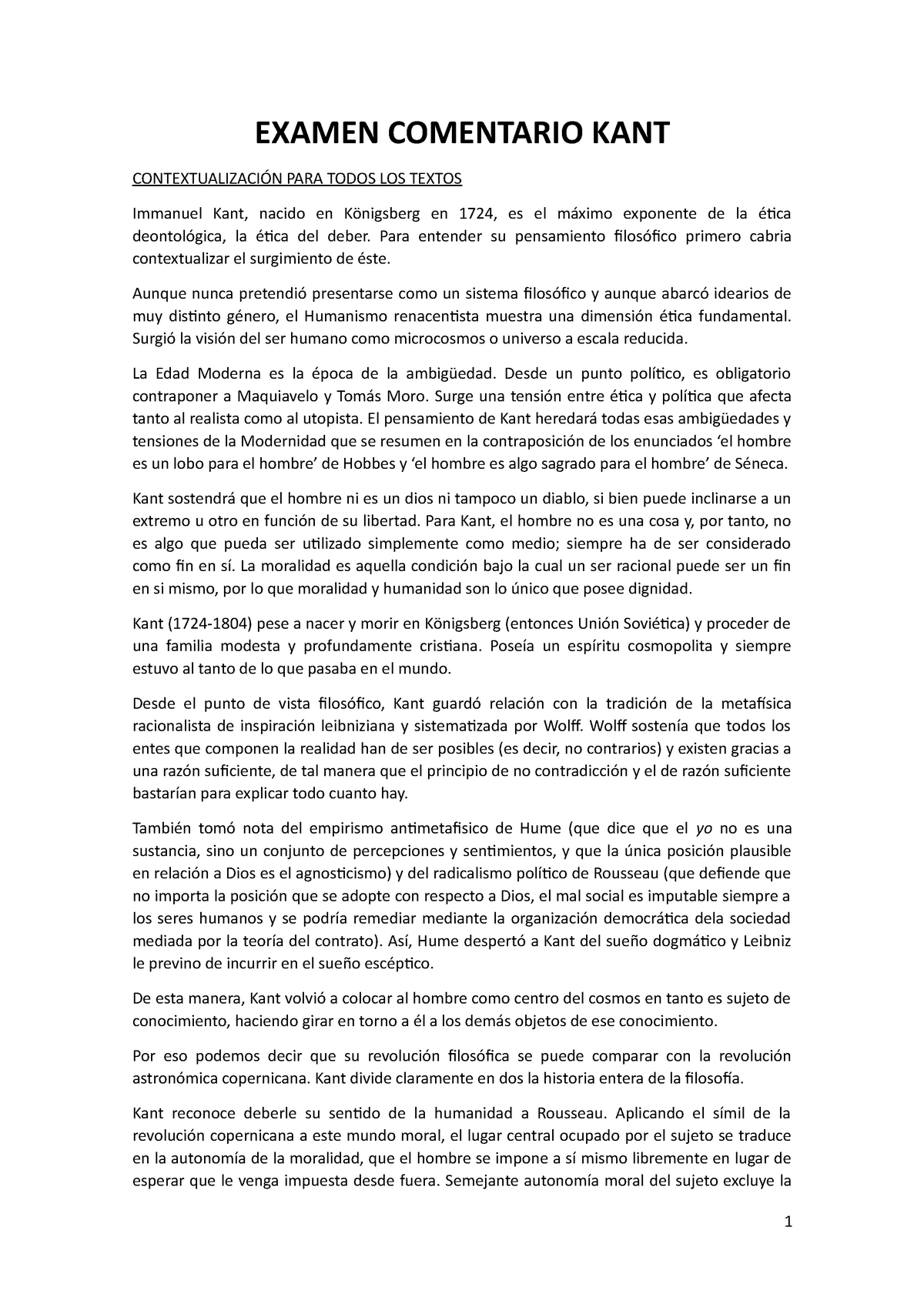 Comentarios Kant - EXAMEN COMENTARIO KANT CONTEXTUALIZACIÓN PARA TODOS ...