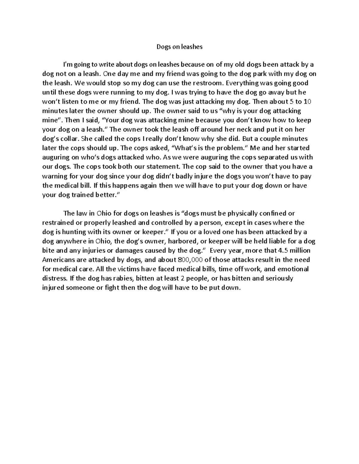 Dogs on leashes One day me and my friend was going to the dog park