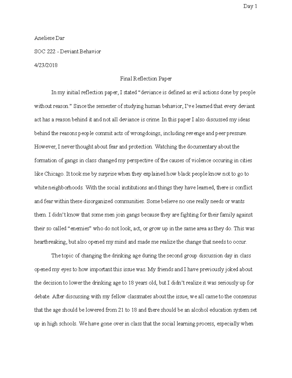 Reflection Paper #2 SOC - Day 1 Aneliese Dar SOC 222 - Deviant Behavior ...