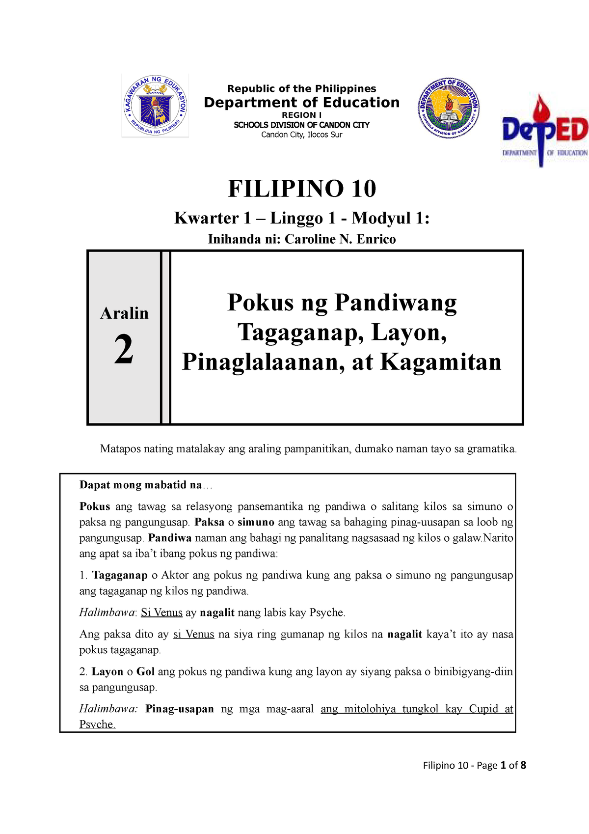 Filipino 10 Week 3 Lesson 1 - Republic Of The Philippines Department Of ...