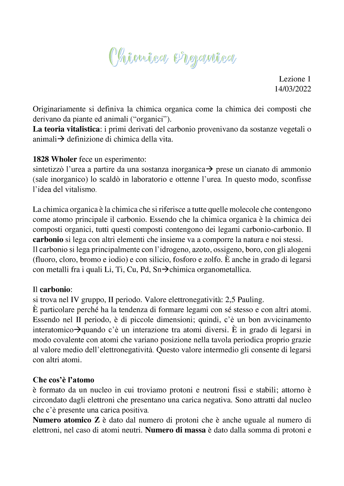 Chimica Organica - Prime Lezioni - Lezione 1 14/03/ Originariamente Si ...