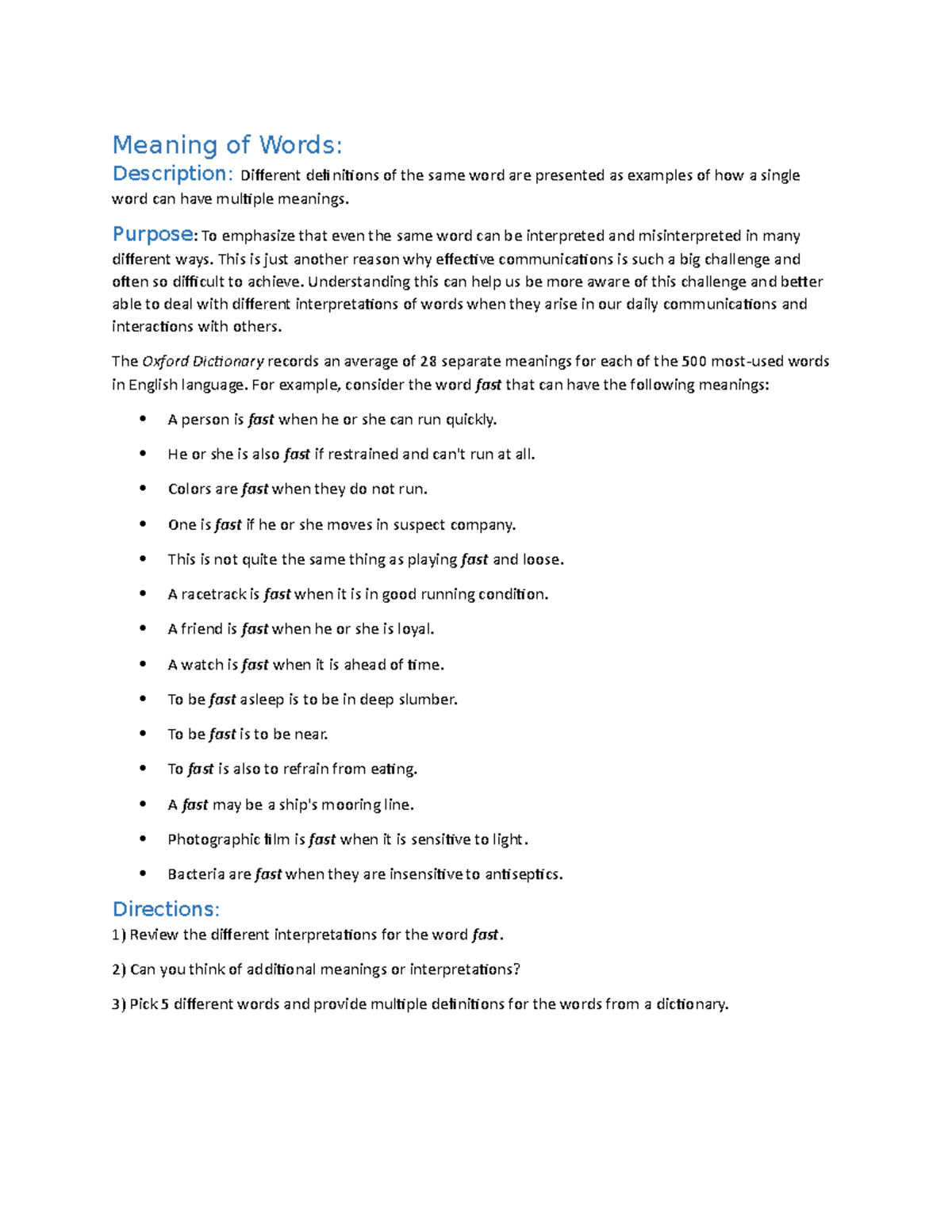 ALHS 1140 Meaning of Words (ADA) Meaning of Words Description