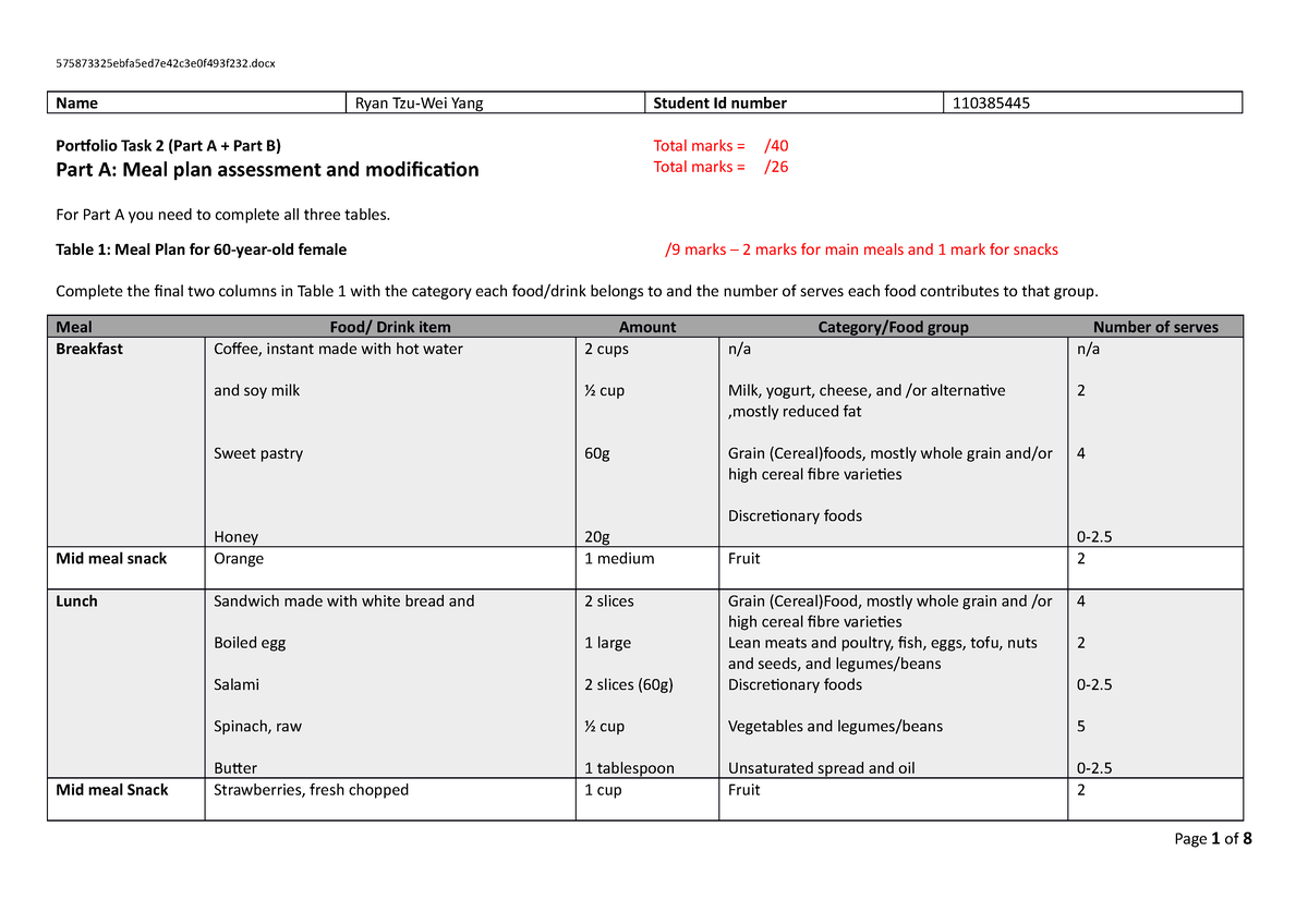 Portfolio Task 2 Meal plan modification template - Name Ryan Tzu-Wei ...