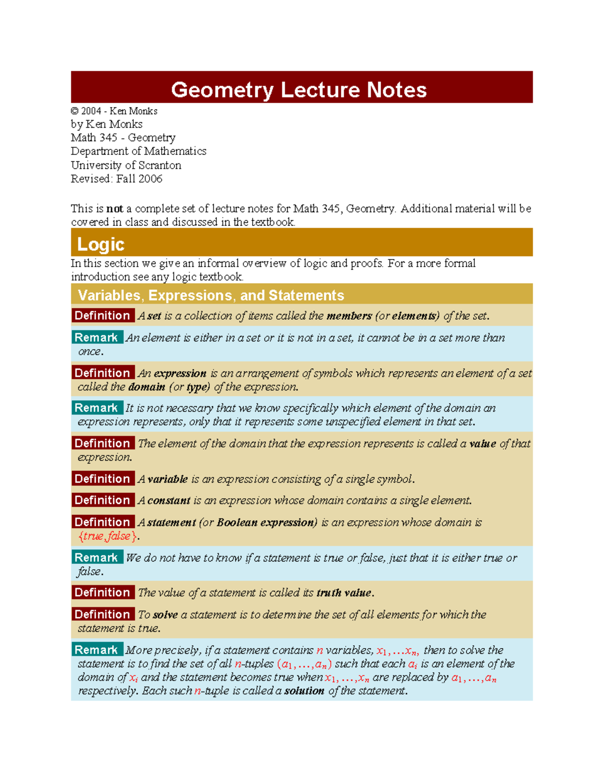 Lecture Notes - Geometry Lecture Notes © 2004 - Ken Monks by Ken Monks ...
