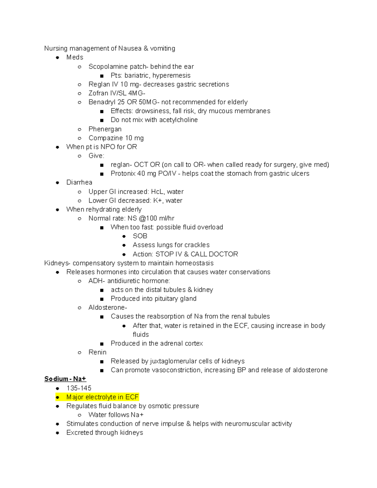 F&E, IV Fluids, ACIDBASE Nursing management of Nausea & vomiting