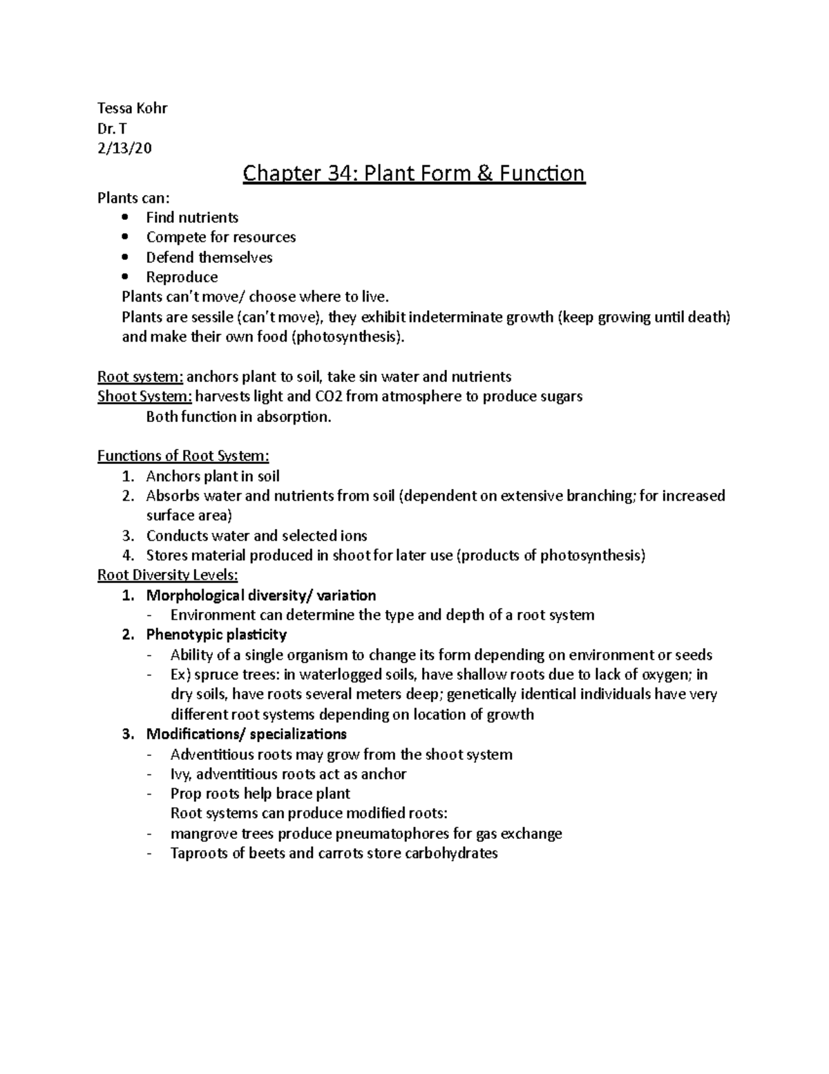 Ch. 34 - Chapter 34 Class Notes - Tessa Kohr Dr. T 2/13/ Chapter 34 ...