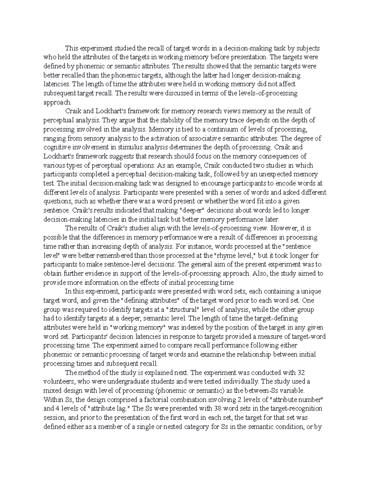 Cognitive Psychology research requirement This experiment studied