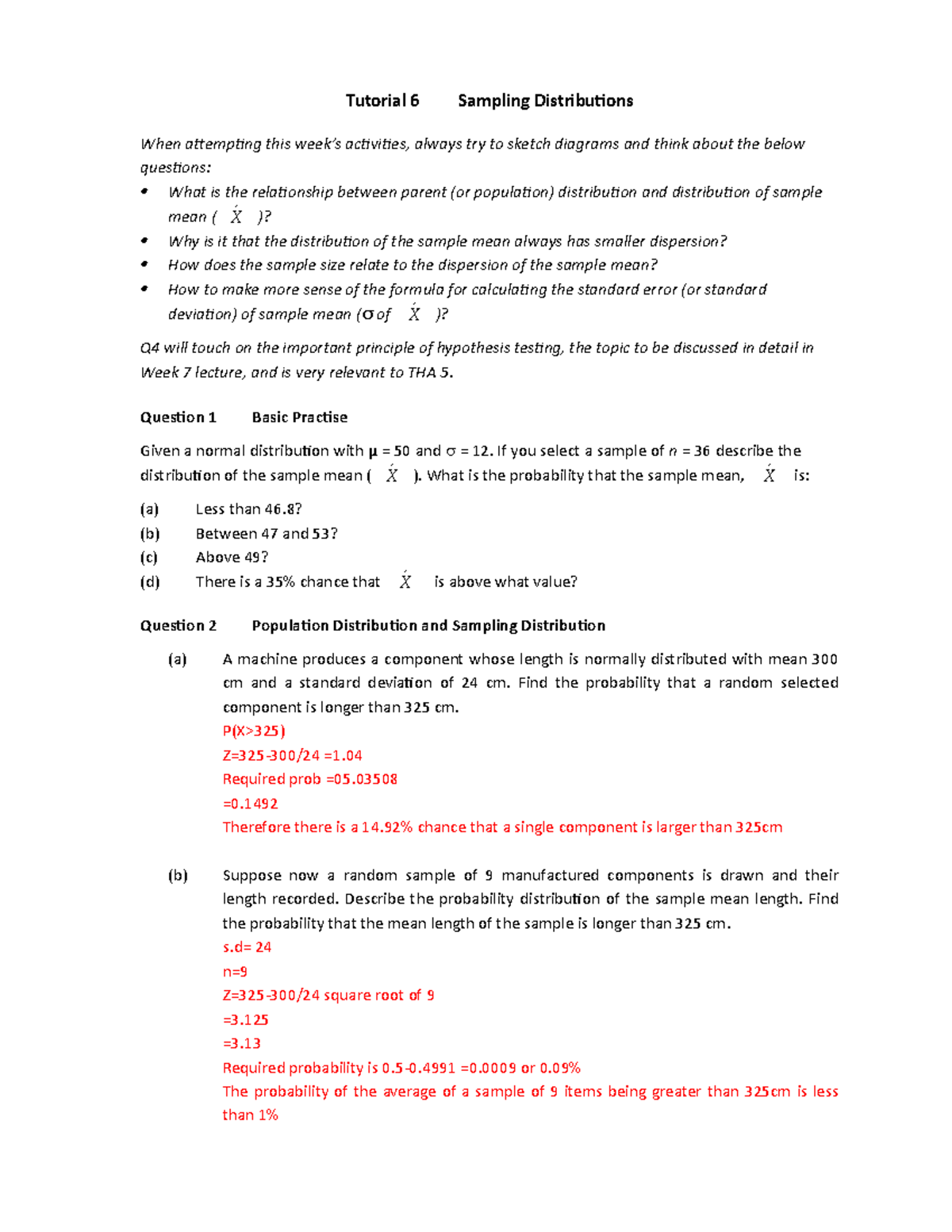 Tute 6 Sampling Distributions - Tutorial 6 Sampling Distributions When ...