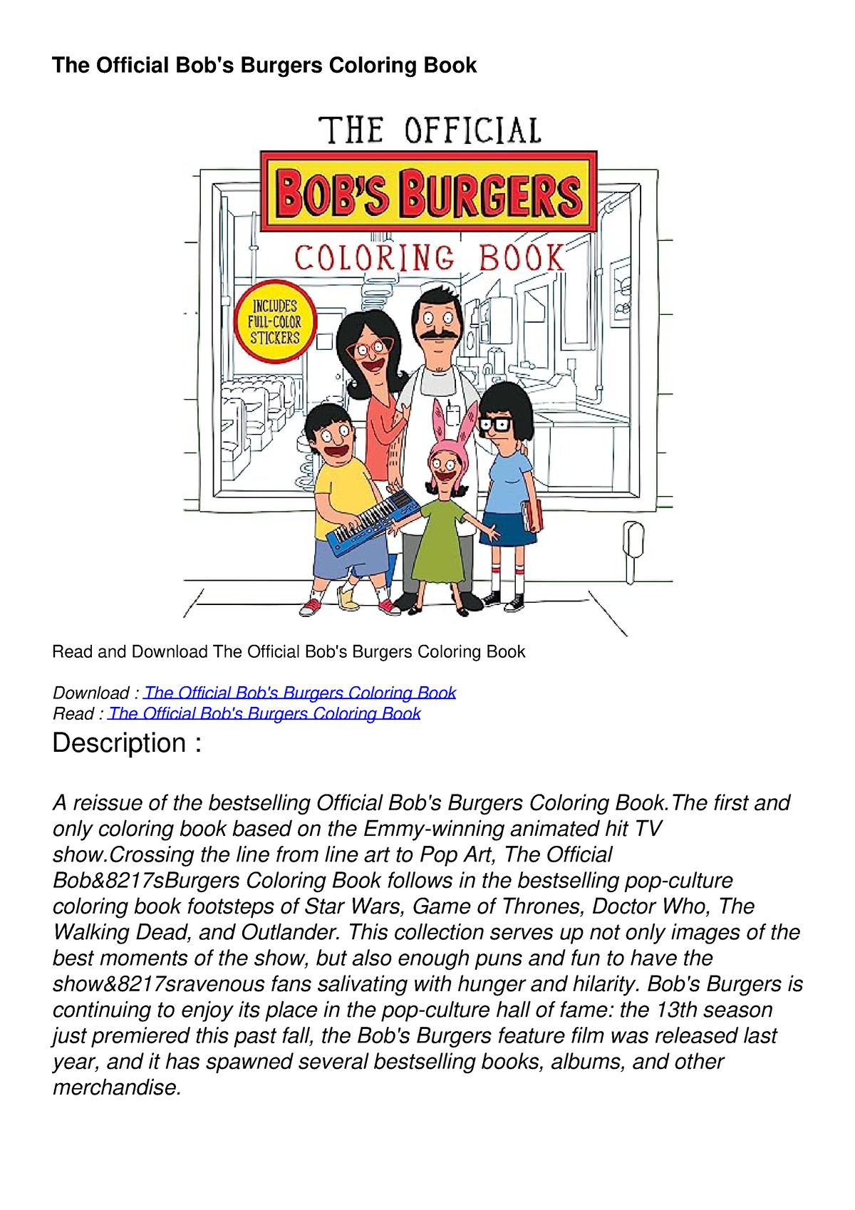 DOWNLOAD/PDF The Official Bob's Burgers Coloring Book The Official