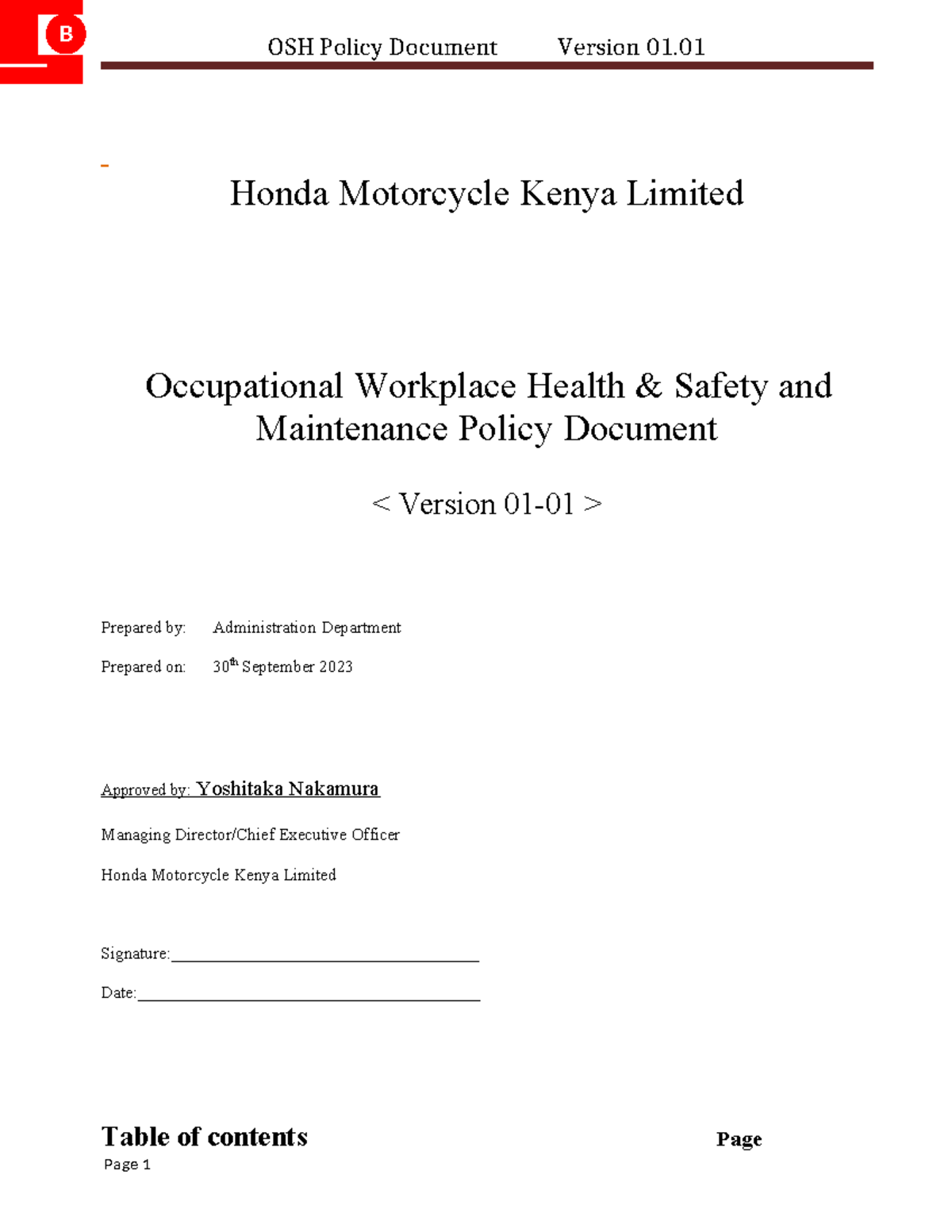 Occupational Work Health and Safety Policy Document - OSH Policy ...