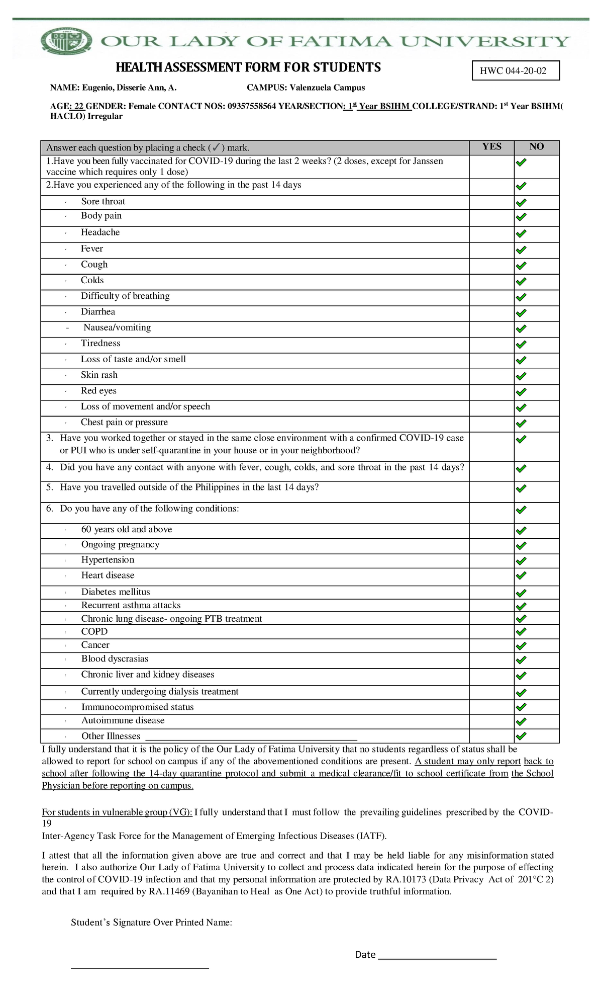 Eugenio, Disserie Ann, A. (HAF) - HEALTH ASSESSMENT FORM FOR STUDENTS ...
