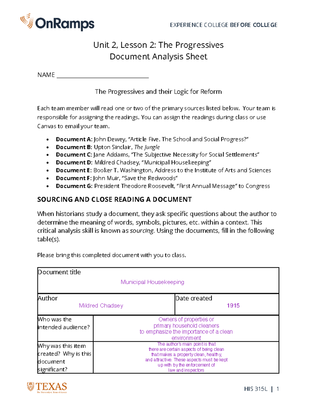 315L 2.2 Document Analysis Sheet - HIS 315L | 1 EXPERIENCE COLLEGE ...