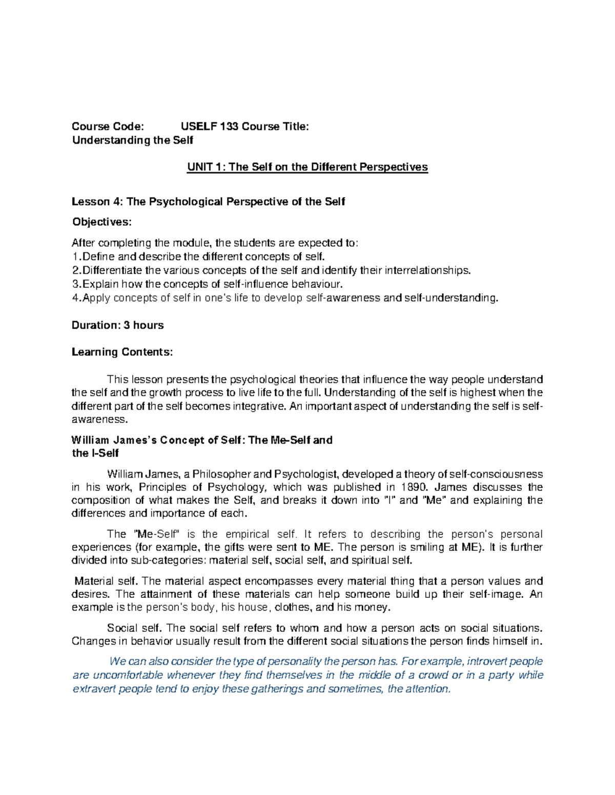 Lesson 4 - Psychological Perspective of the Self - Course Code: USELF ...