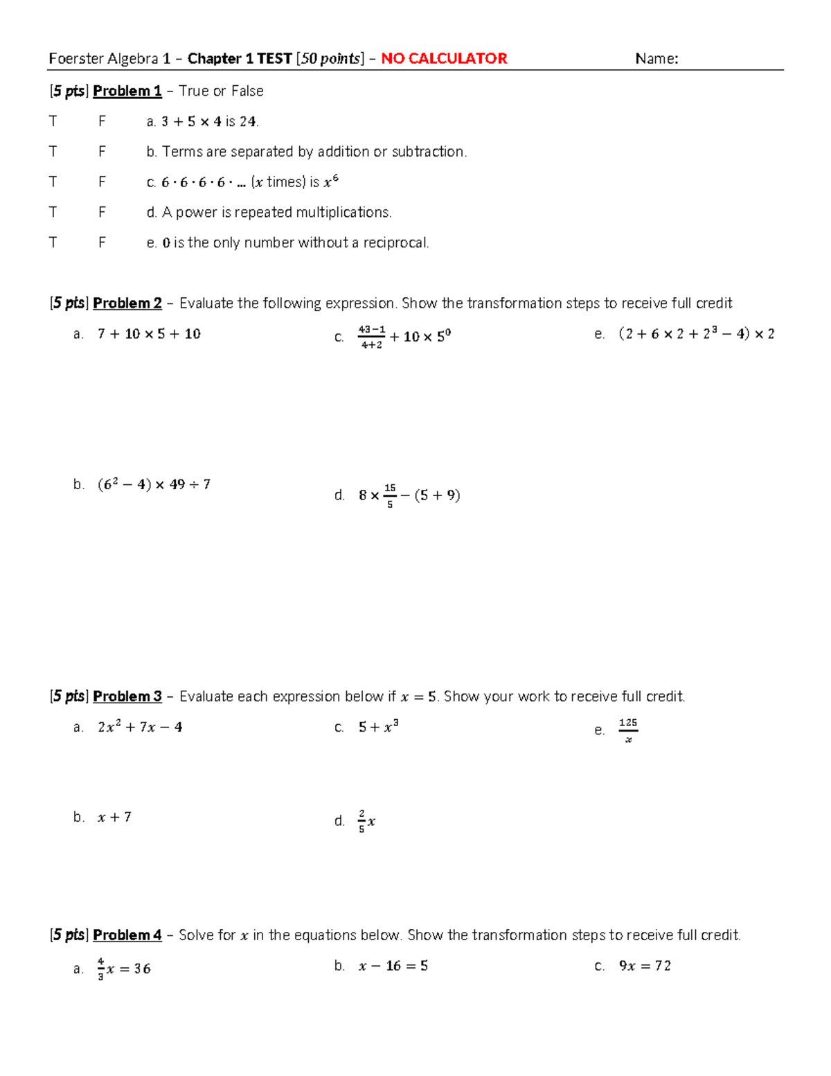 Chapter 1 TEST - Foerster Algebra 1 – Chapter 1 TEST [50 points] – NO ...