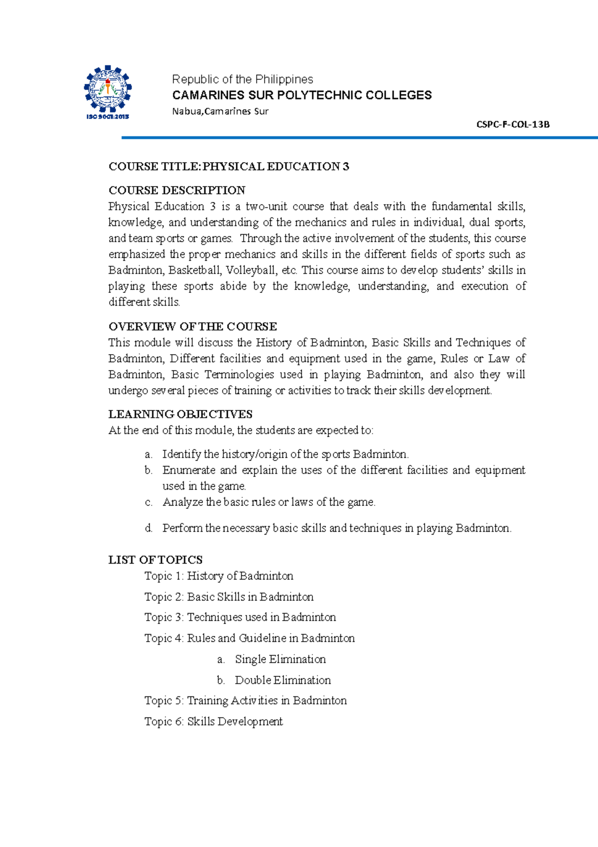 PE3 Module 1 Badminton - Republic of the Philippines CAMARINES SUR ...